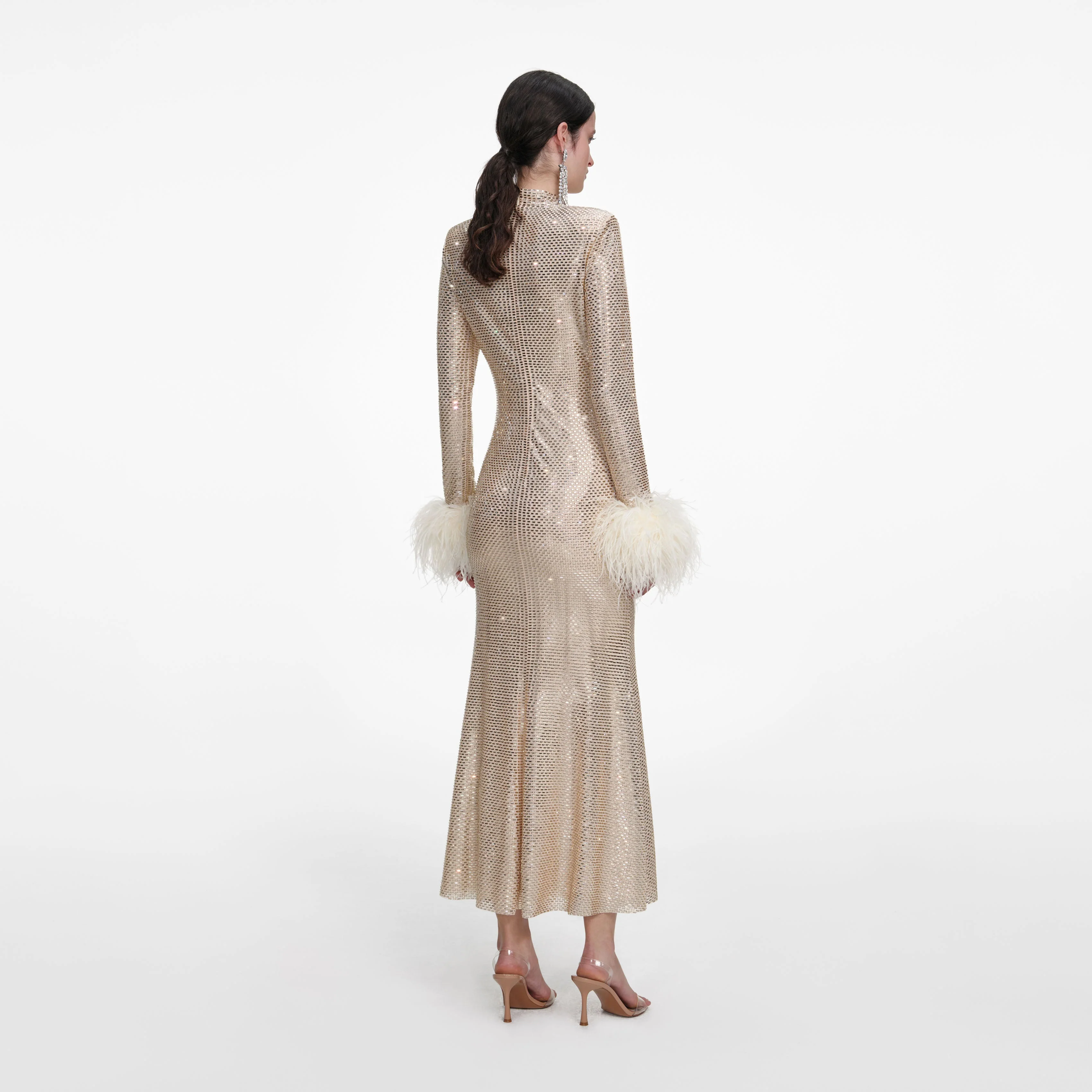 Champagne Rhinestone Feather Midi Dress - Image 3