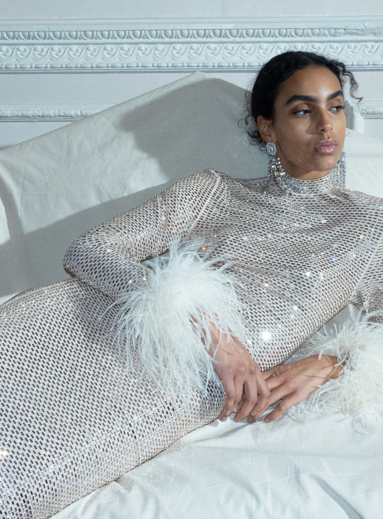Champagne Rhinestone Feather Midi Dress - Image 7