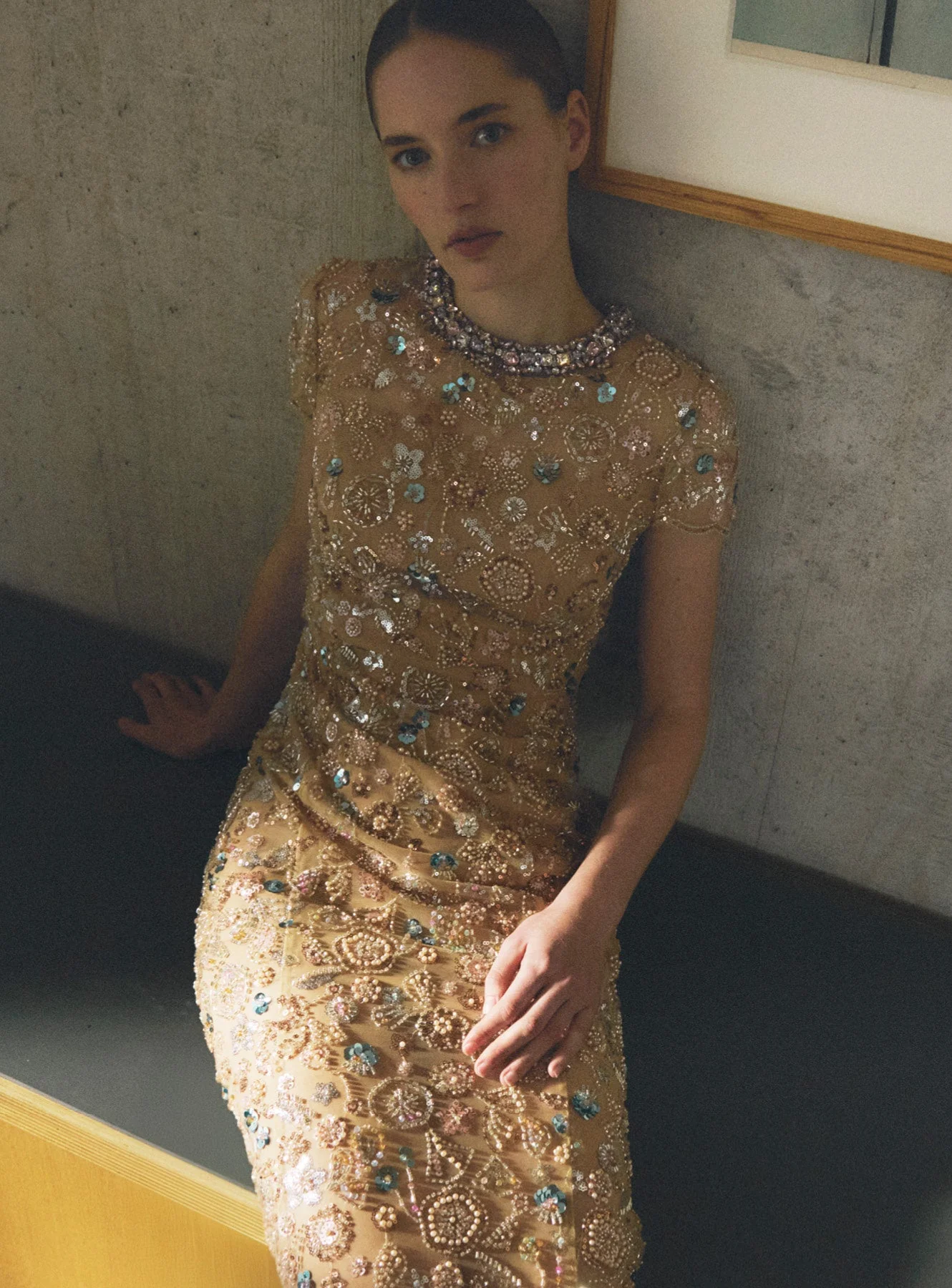 Champagne Sequin Embroidered Maxi Dress - Image 5