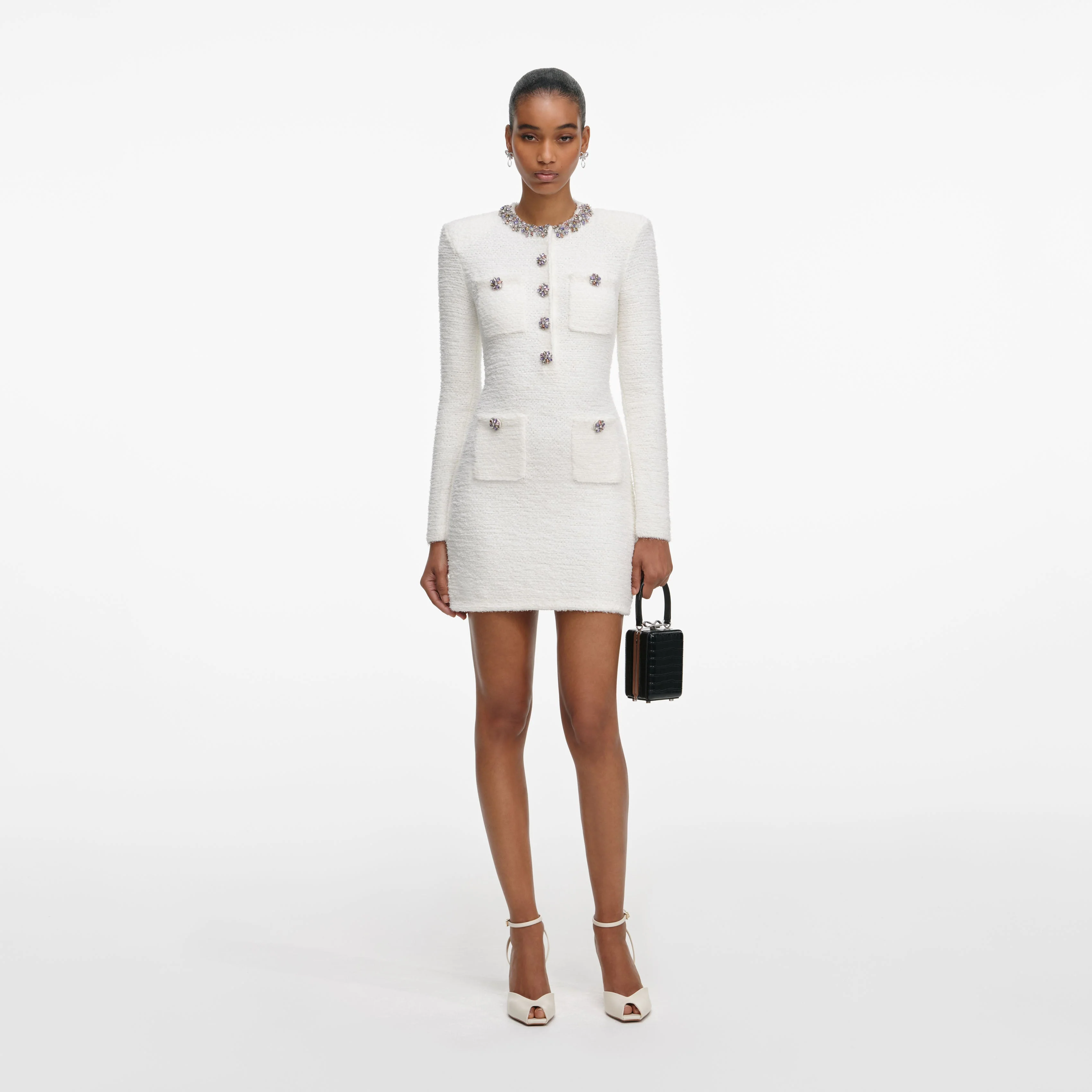 Cream Crystal Trim Knit Mini Dress