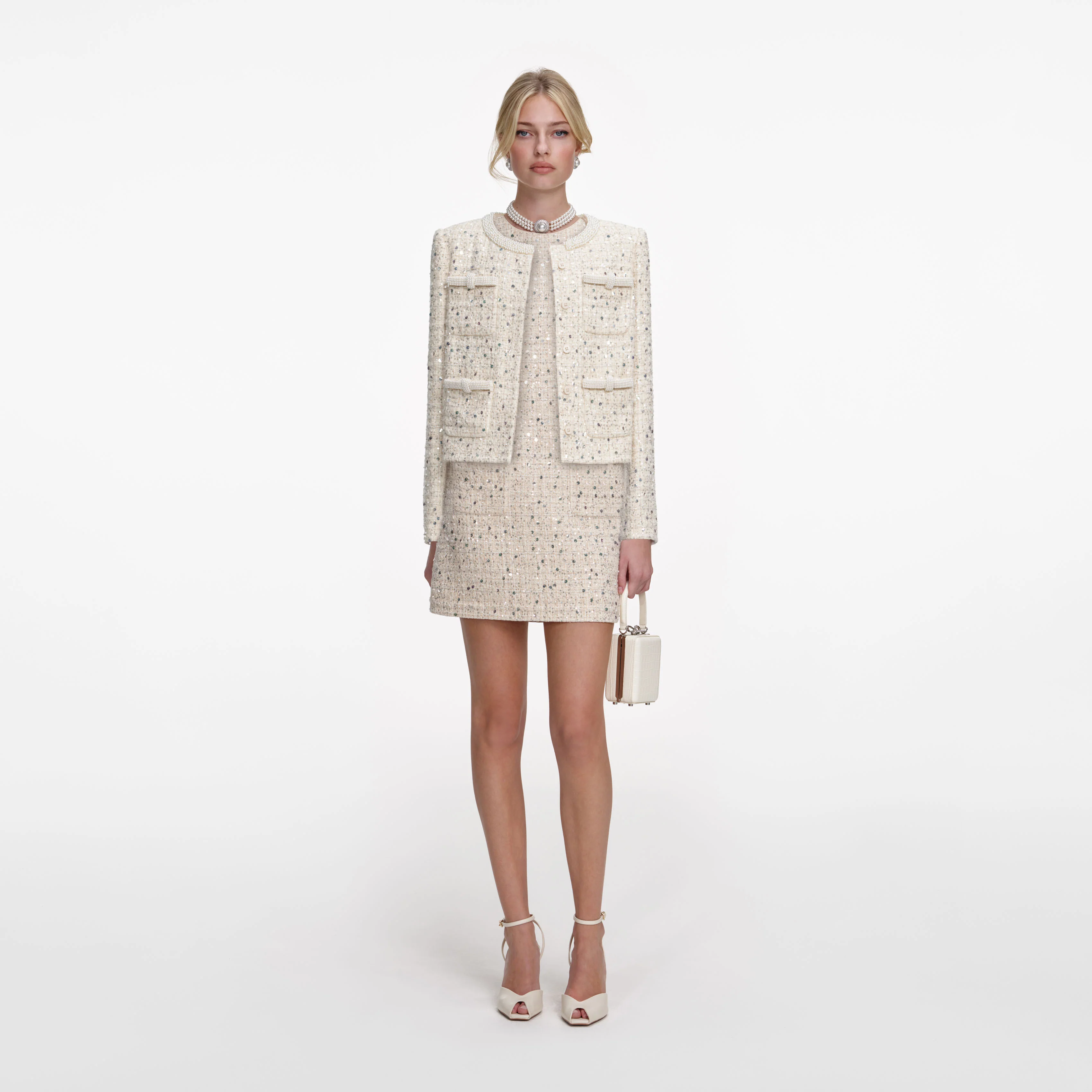 Cream Embellished Boucle Mini Dress - Image 4