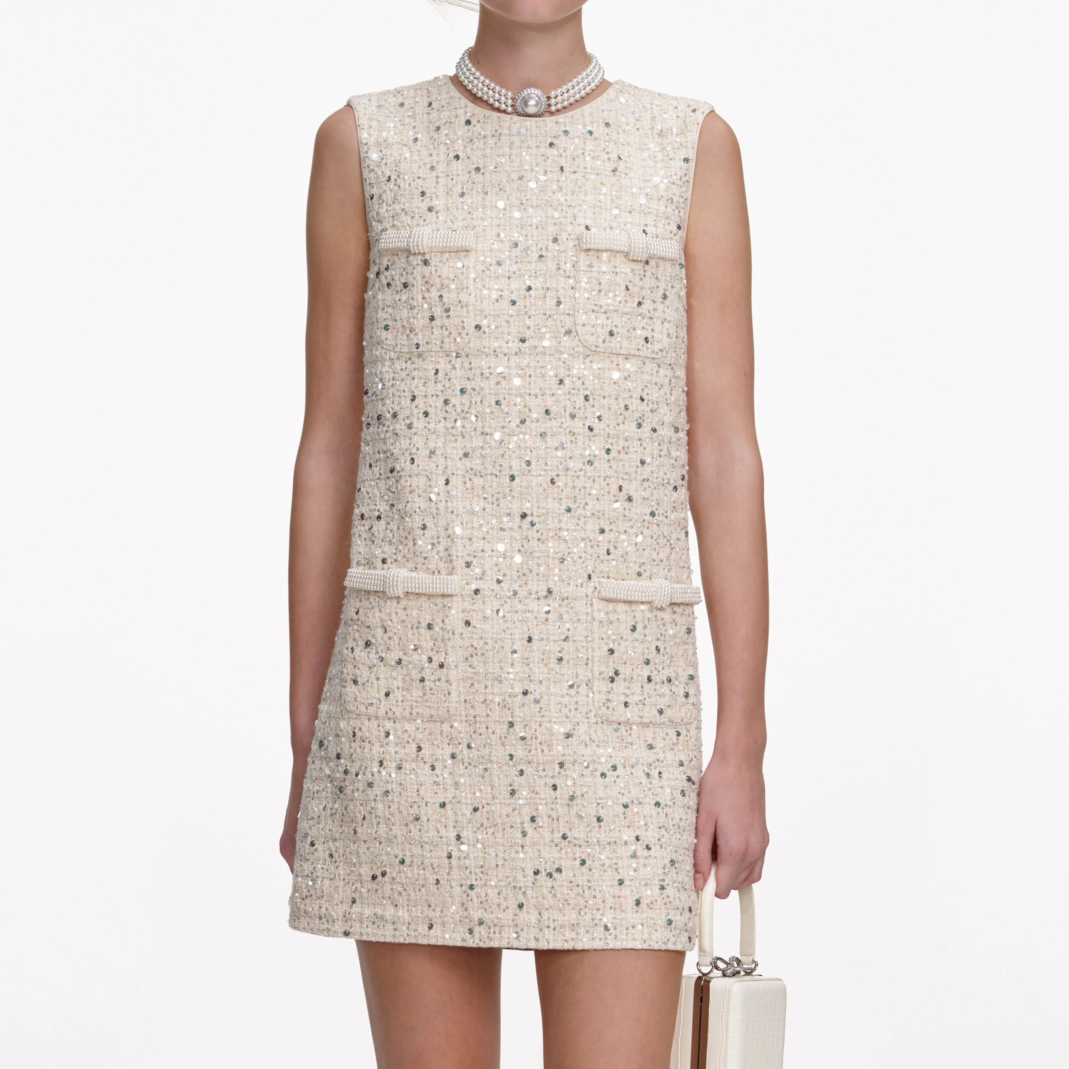 Cream Embellished Boucle Mini Dress - Image 5
