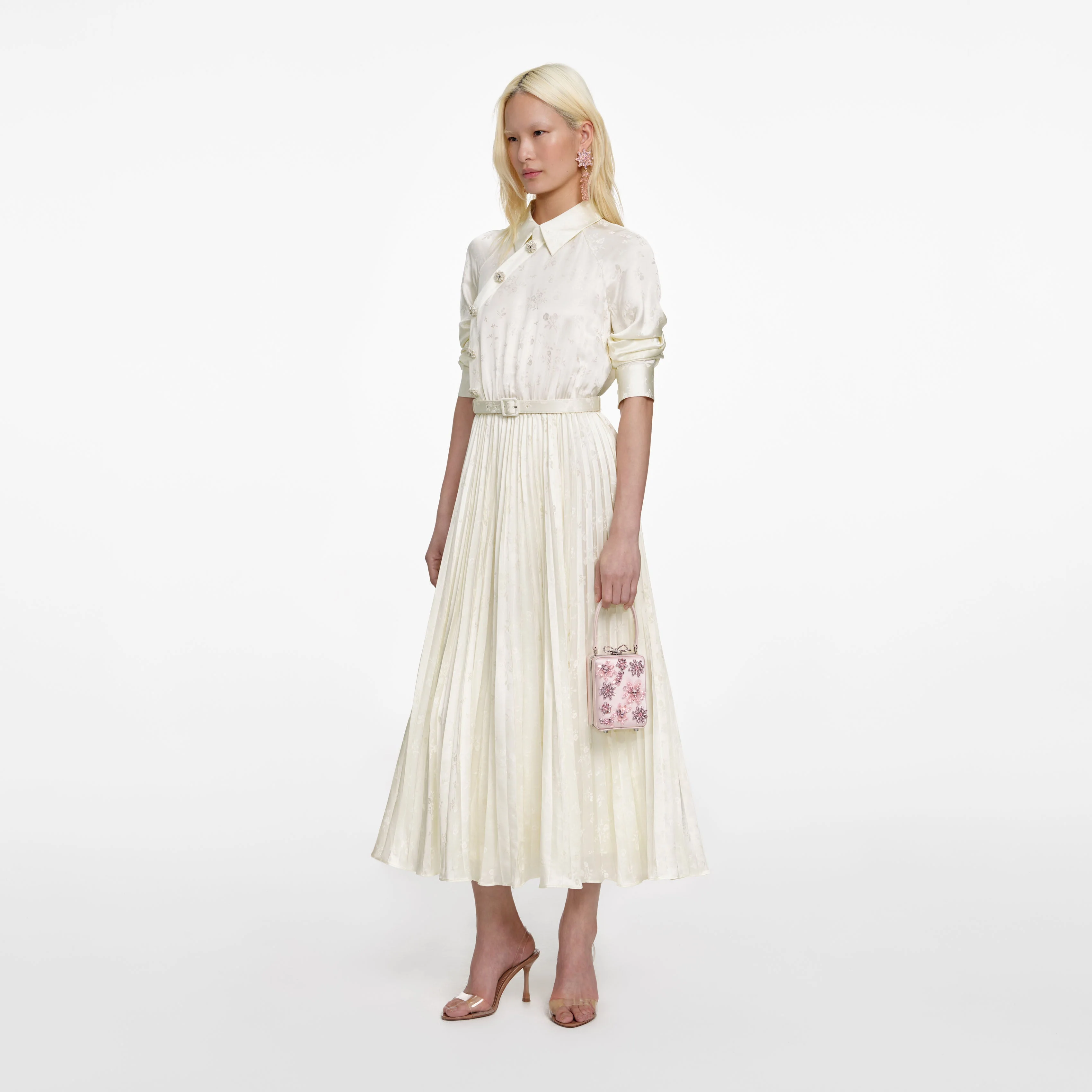 Cream Satin Jacquard Midi Dress - Image 2