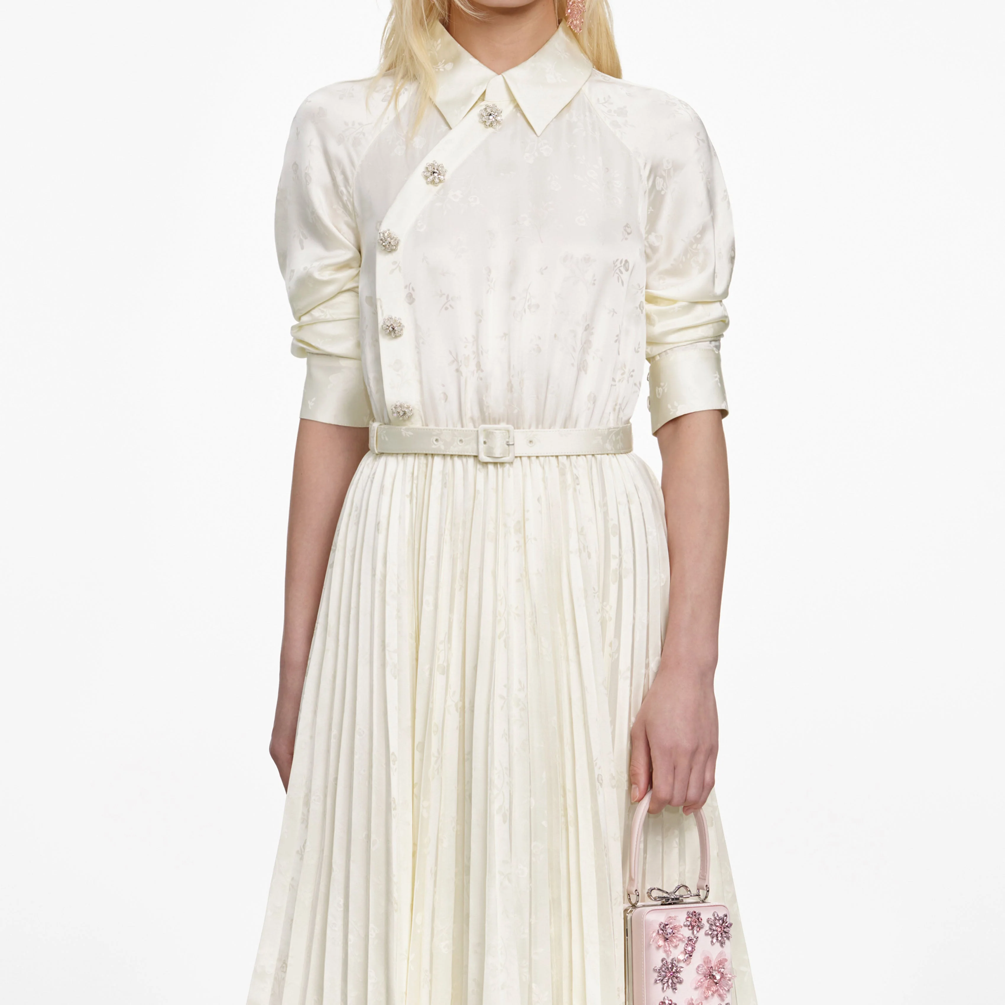 Cream Satin Jacquard Midi Dress - Image 4