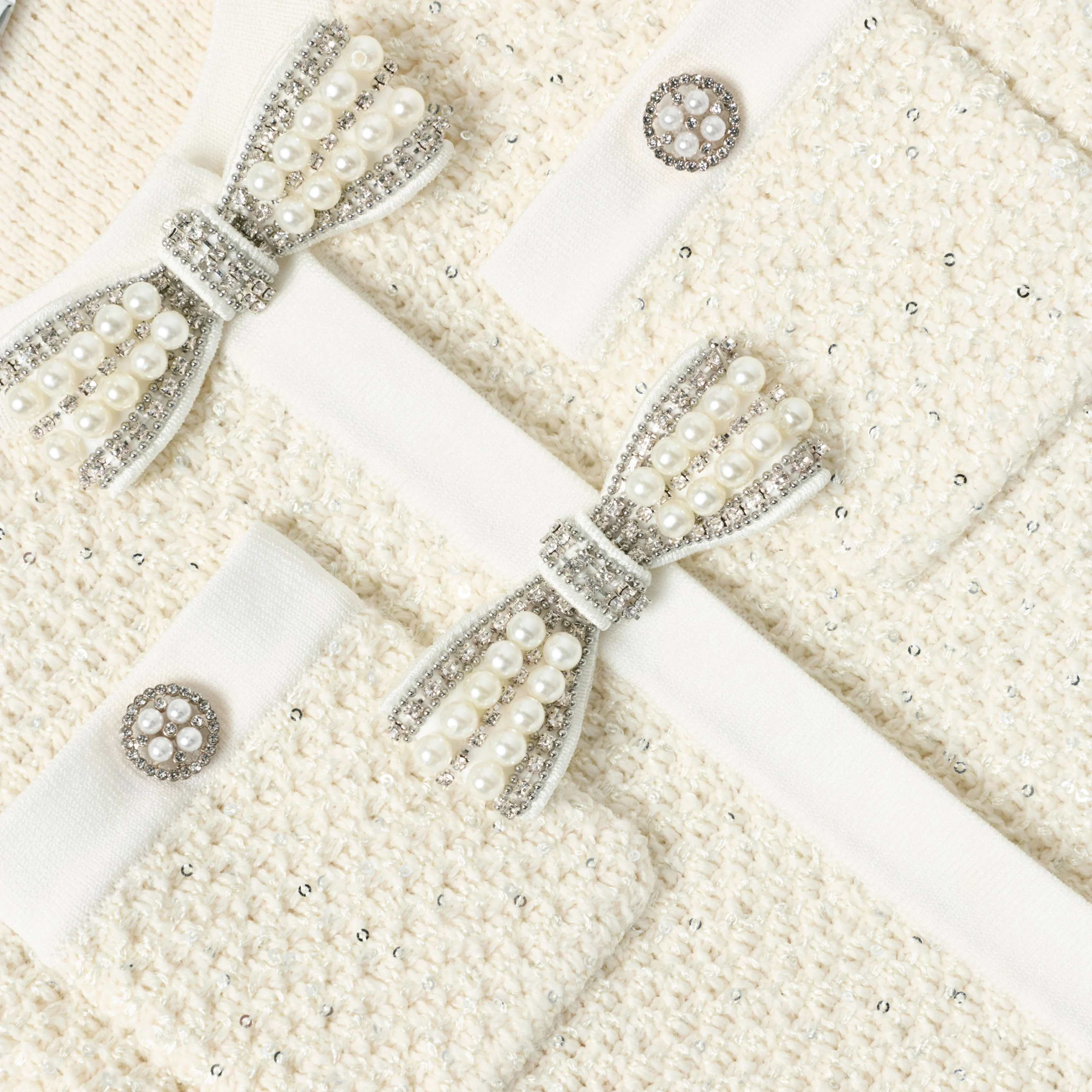 Cream Sequin Knit Bow Trim Dress - Image 4