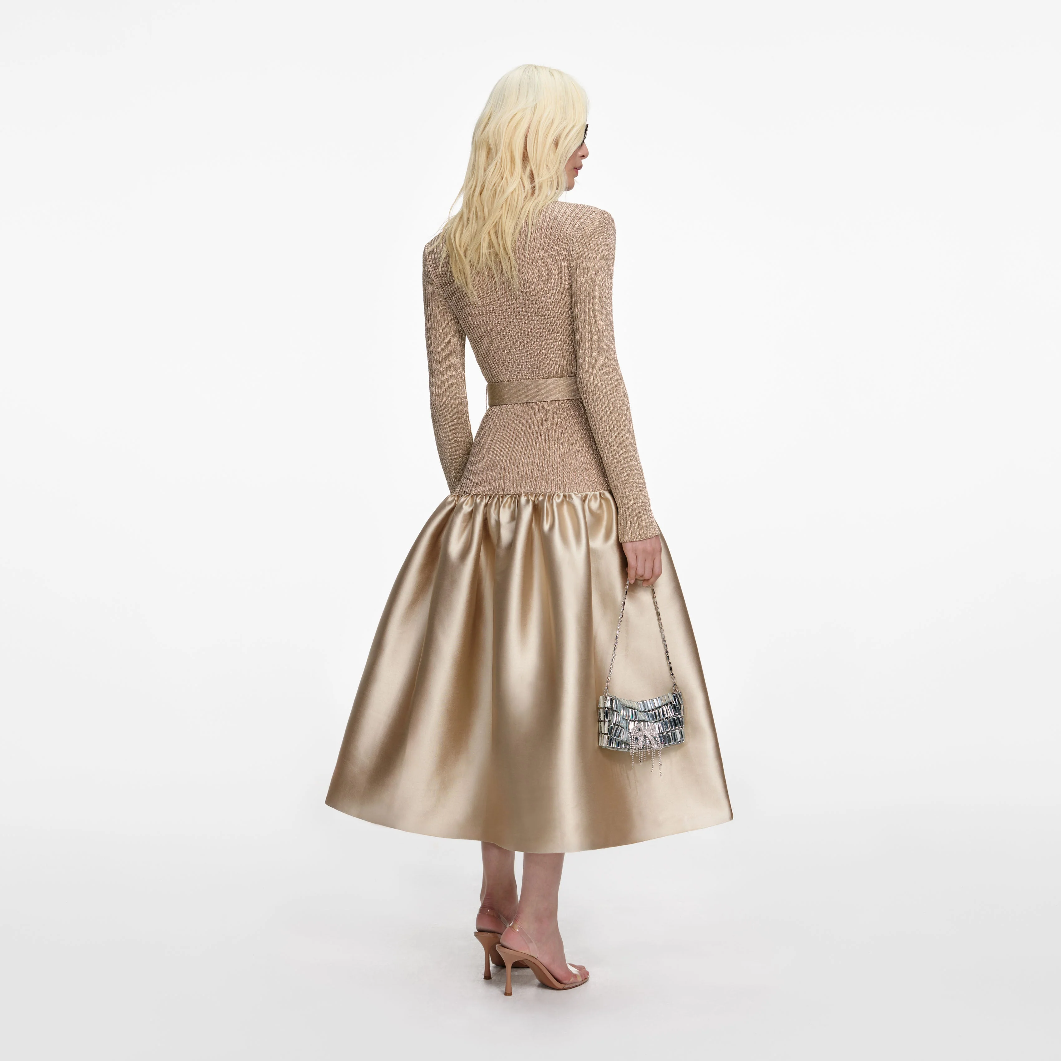 Gold Knit Taffeta Midi Dress - Image 3