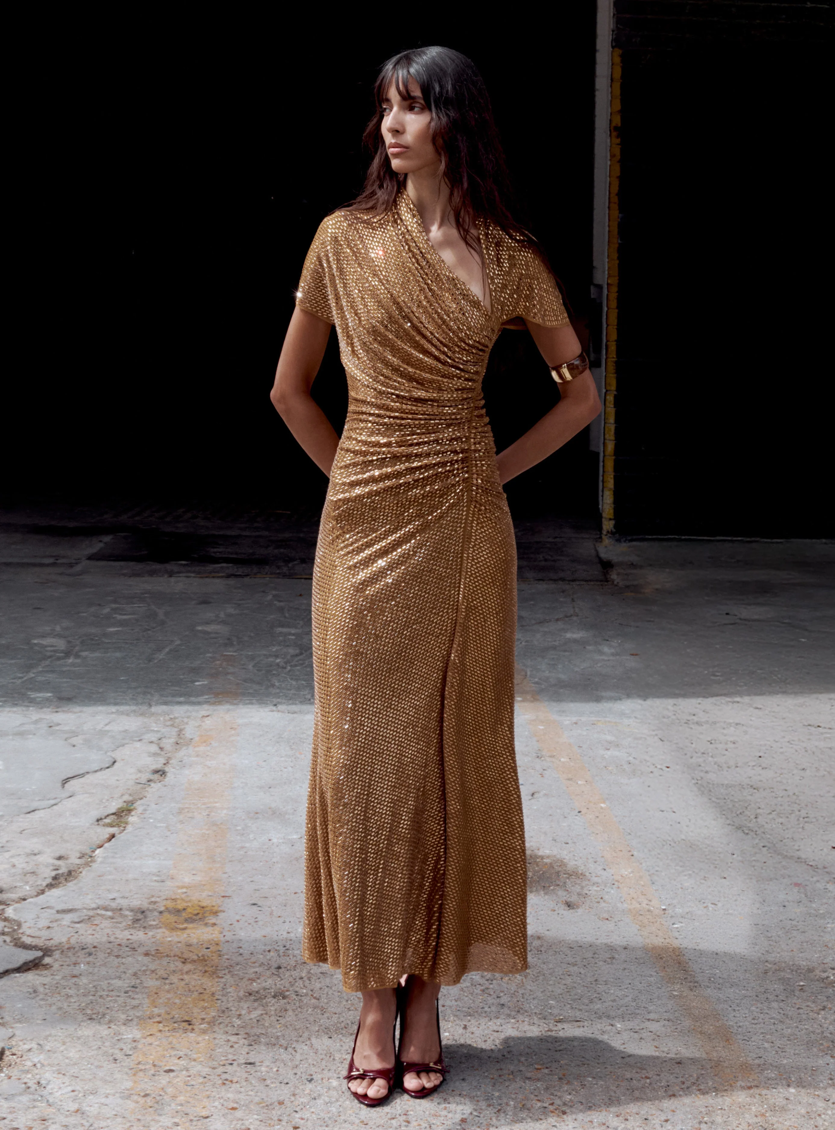 Gold Rhinestone Drape Midi Dress - Image 6