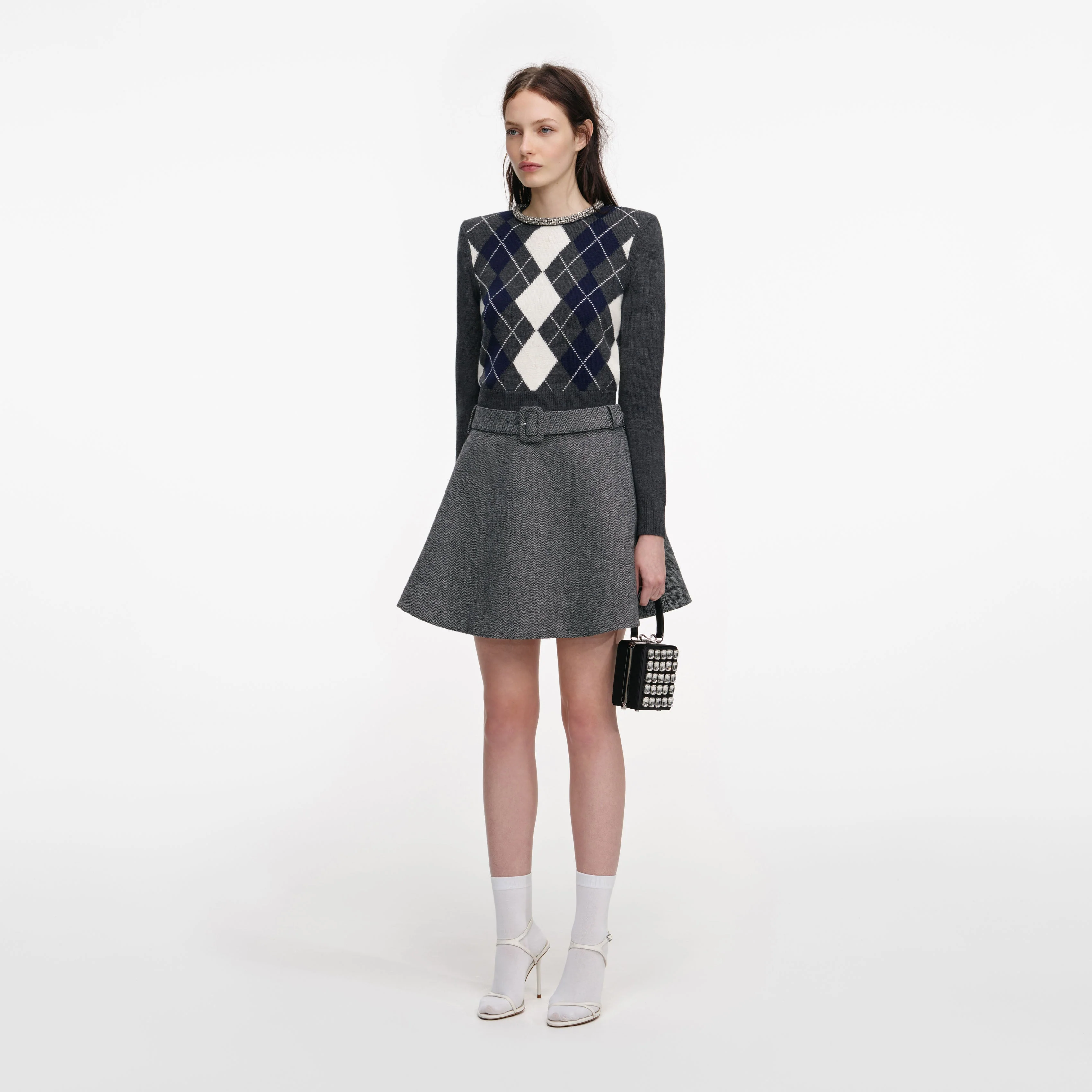 Grey Argyle Crystal Trim Jumper - Image 2