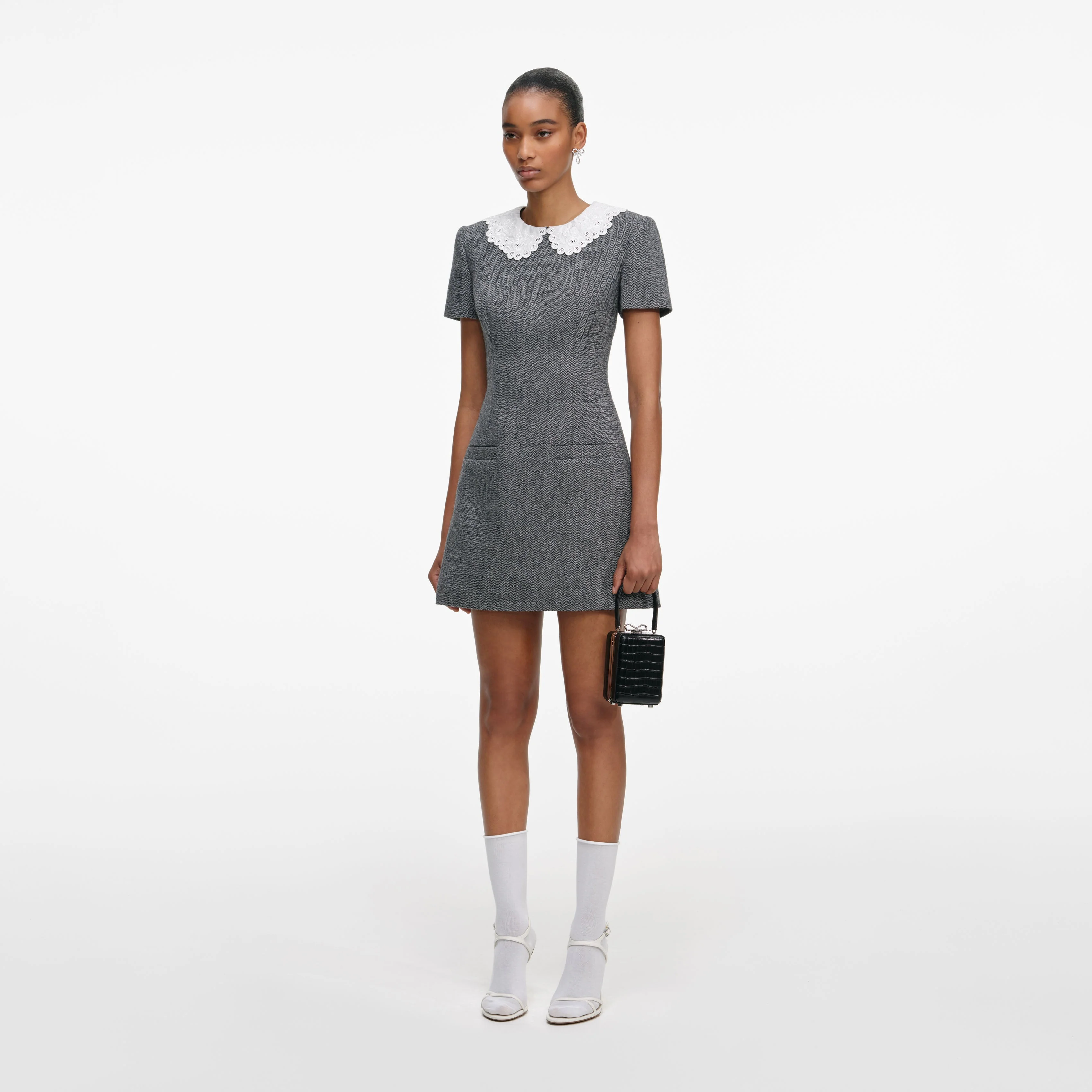 Grey Herringbone Collared Mini Dress - Image 2