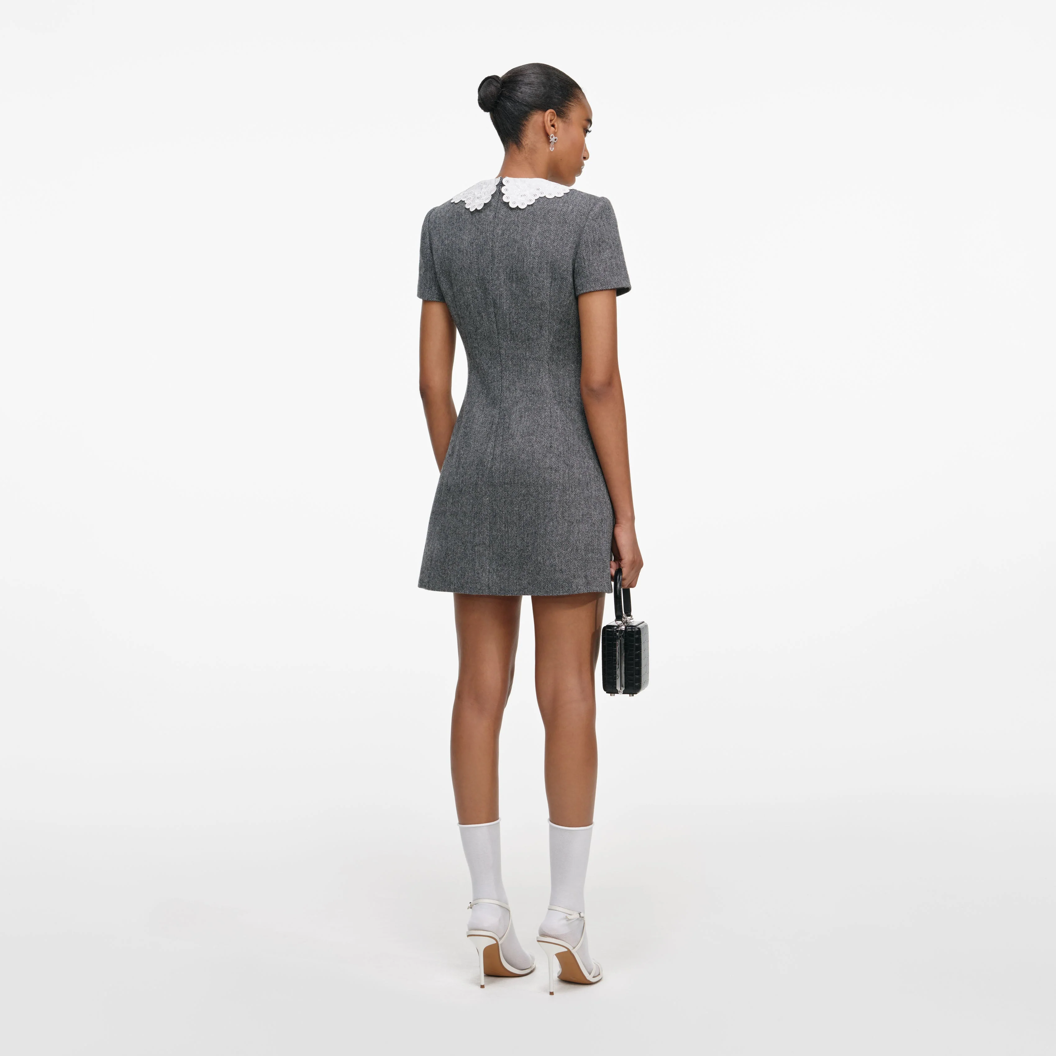 Grey Herringbone Collared Mini Dress - Image 3
