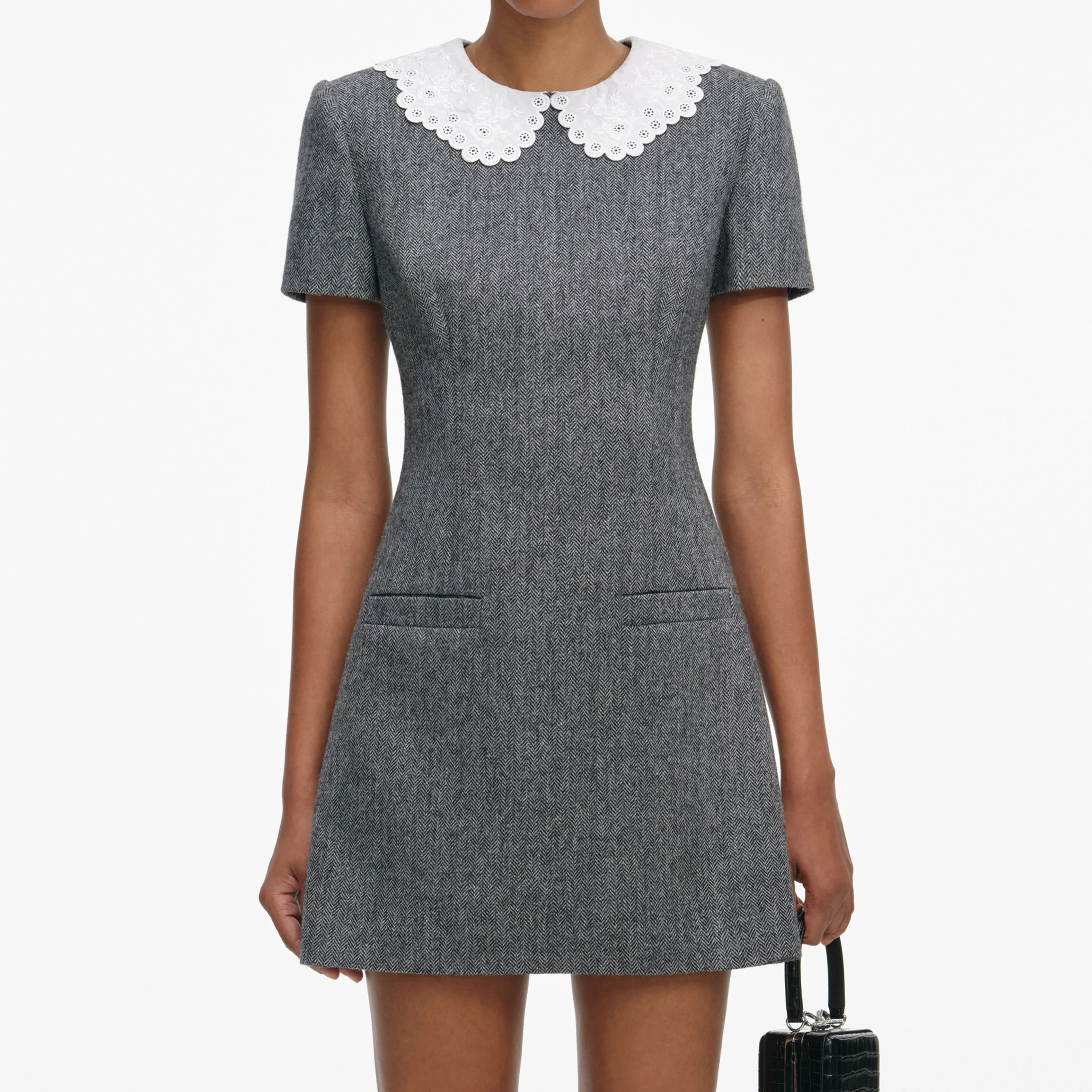 Grey Herringbone Collared Mini Dress - Image 4