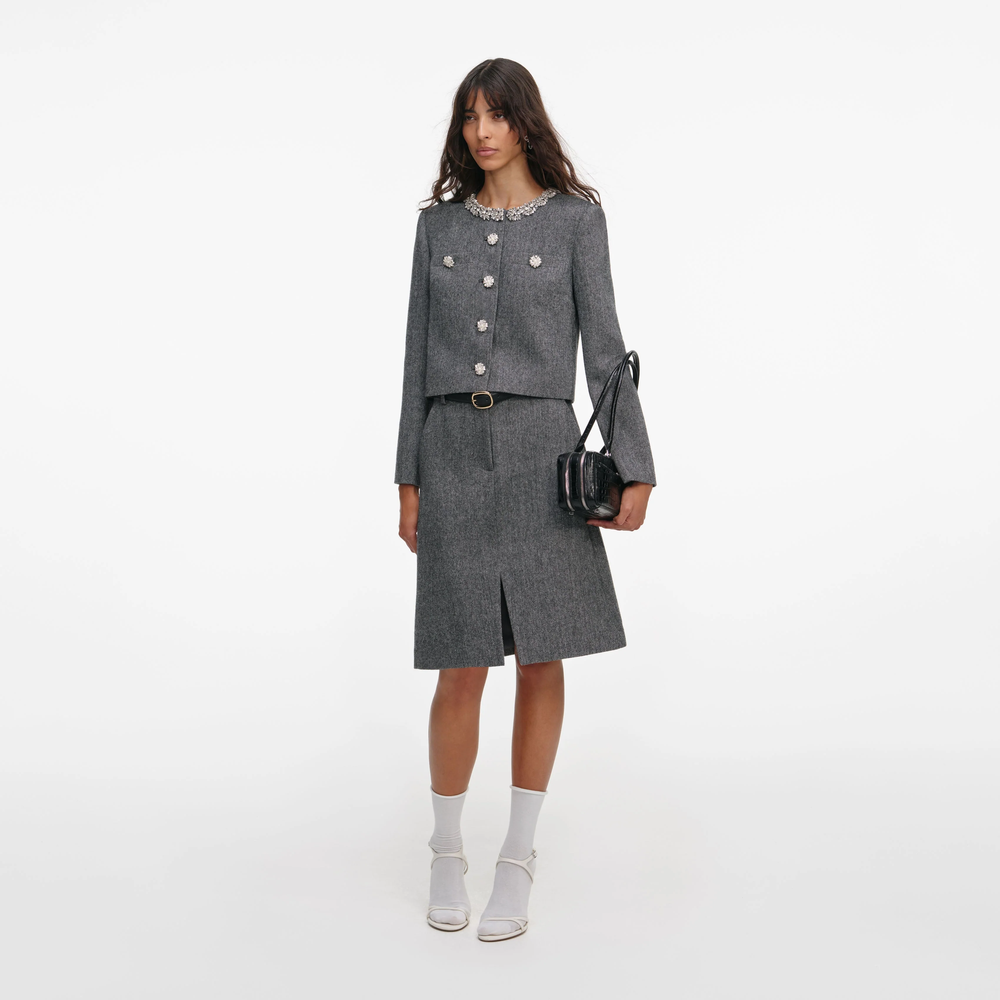 Grey Herringbone Crystal Trim Jacket - Image 2