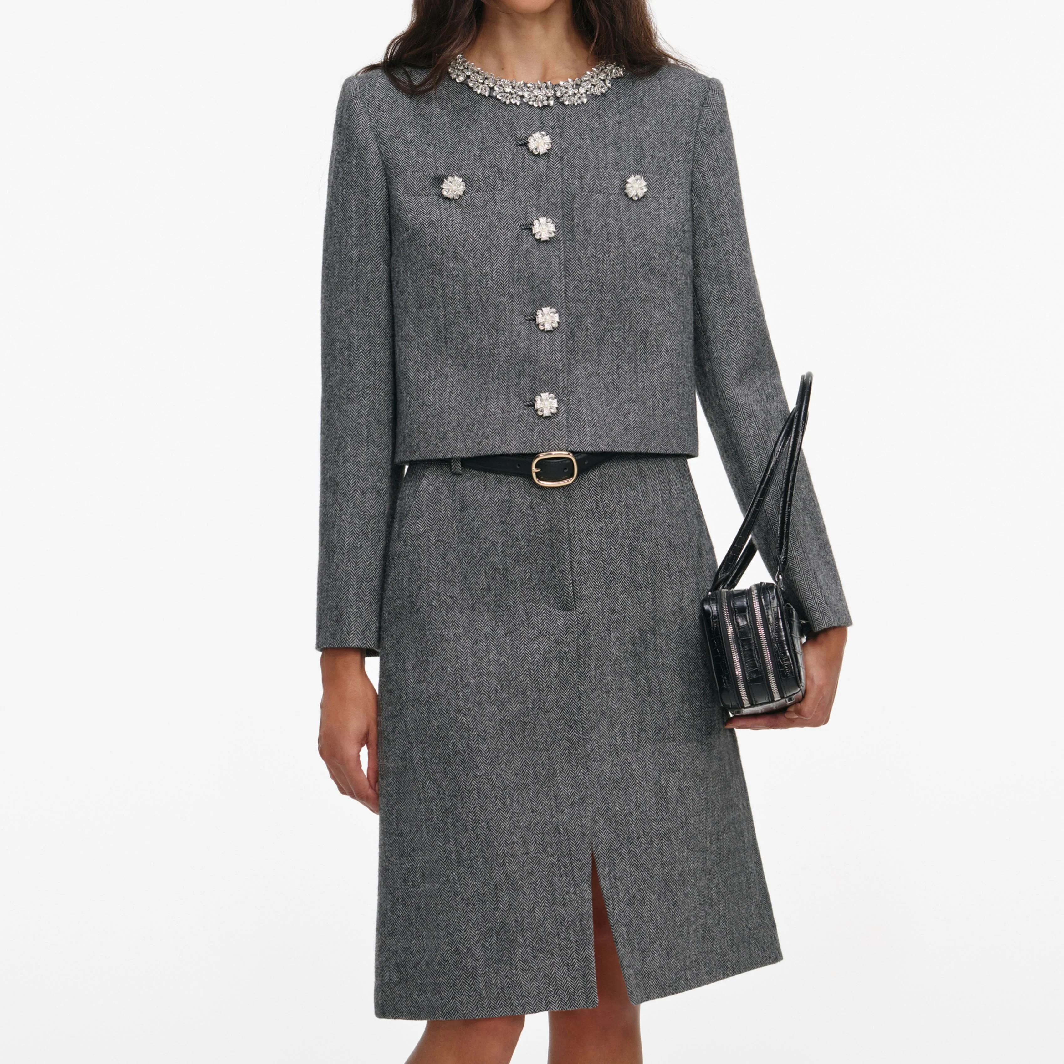 Grey Herringbone Crystal Trim Jacket - Image 4