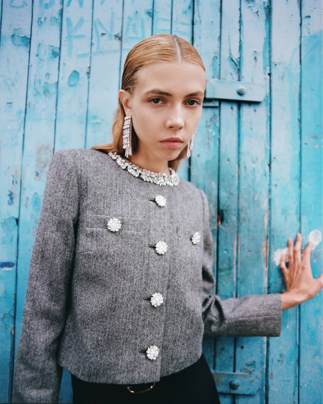 Grey Herringbone Crystal Trim Jacket - Image 6