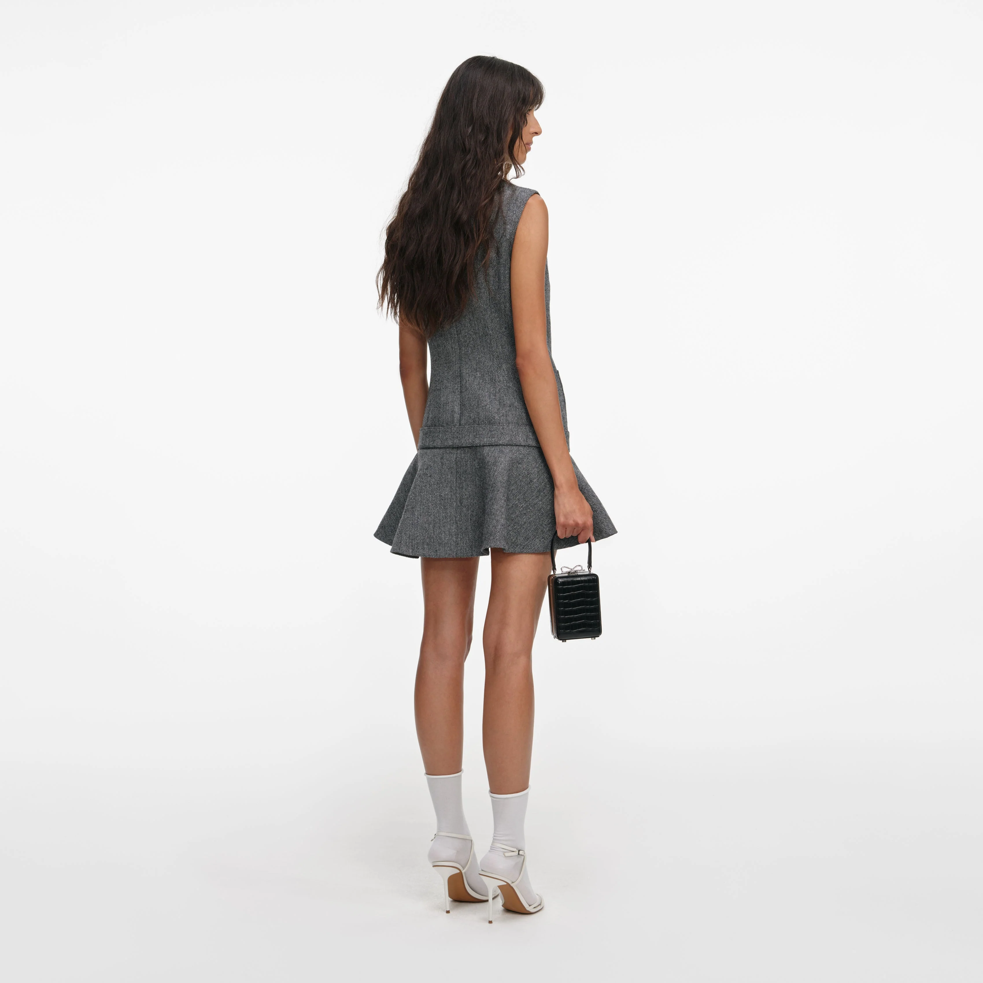 Grey Herringbone Flared Mini Dress - Image 3