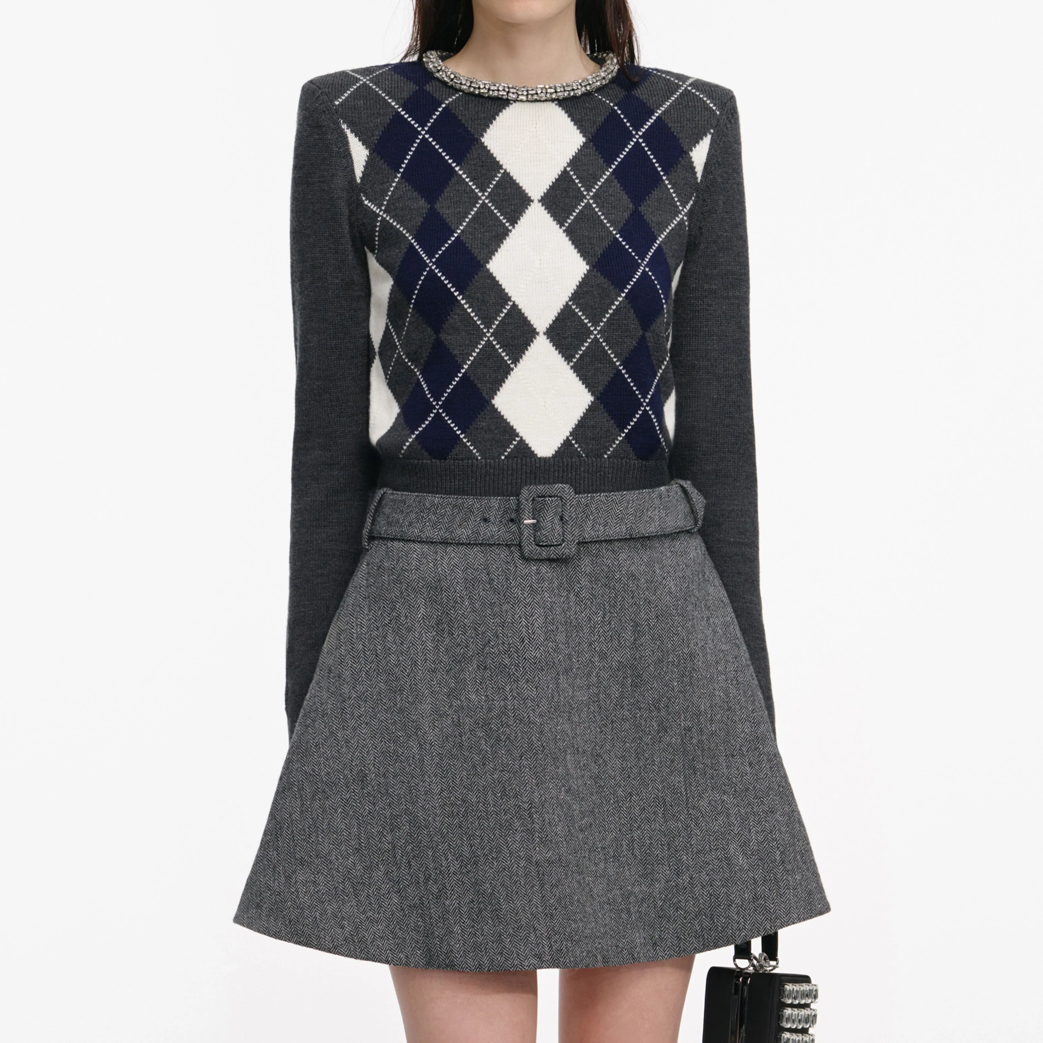 Grey Herringbone Flared Mini Skirt - Image 4