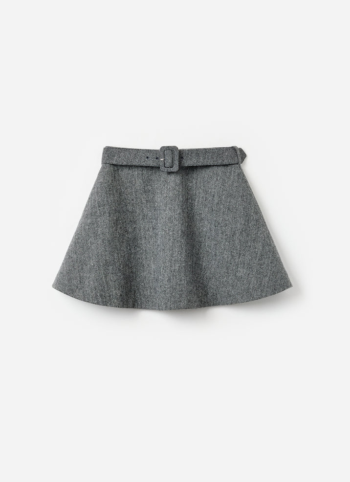 Grey Herringbone Flared Mini Skirt - Image 6