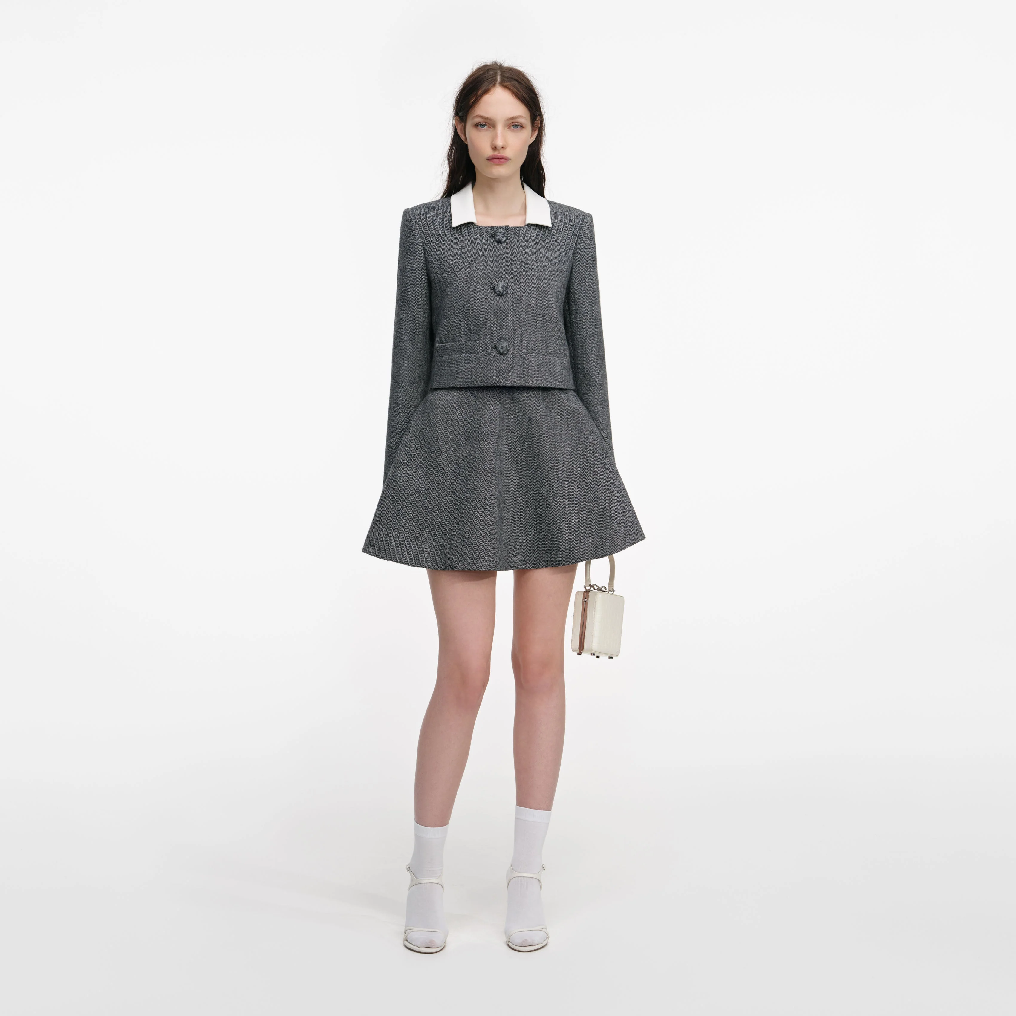 Grey Herringbone Scarf Detail Jacket - Image 4