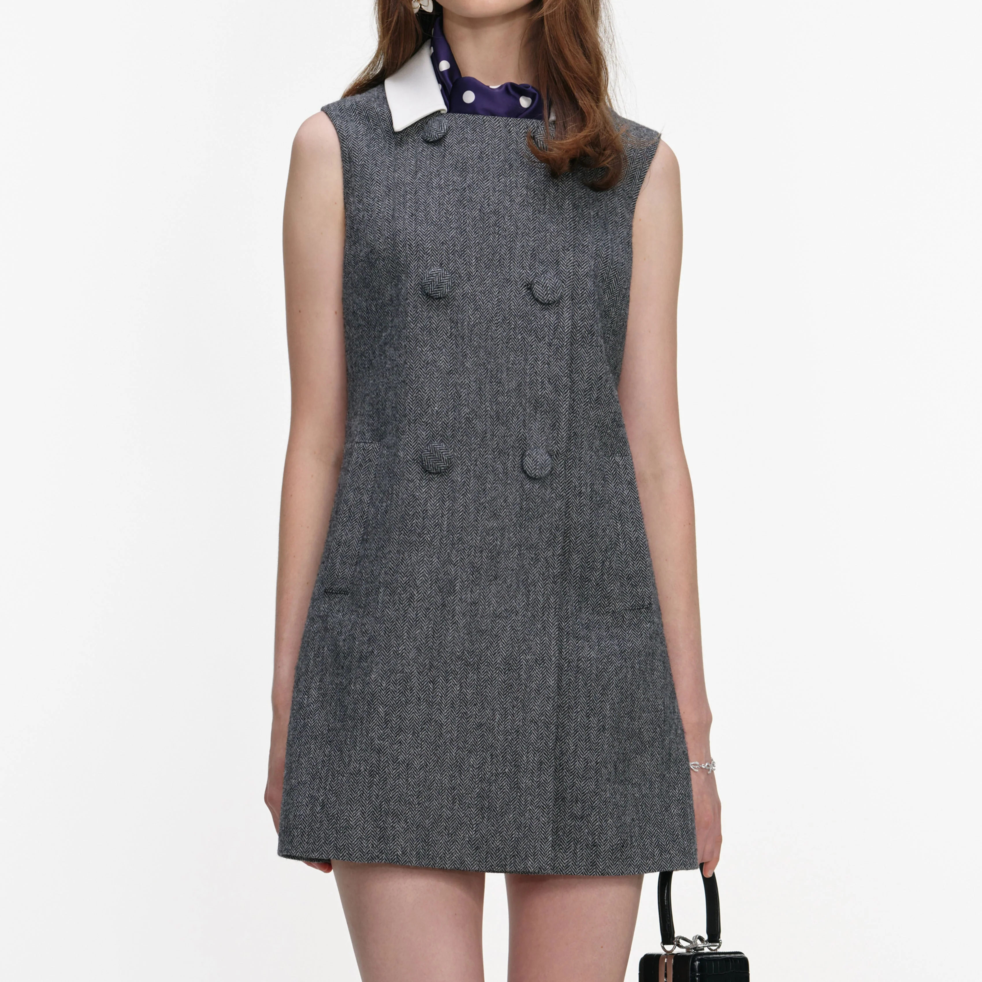 Grey Herringbone Scarf Detail Mini Dress - Image 4