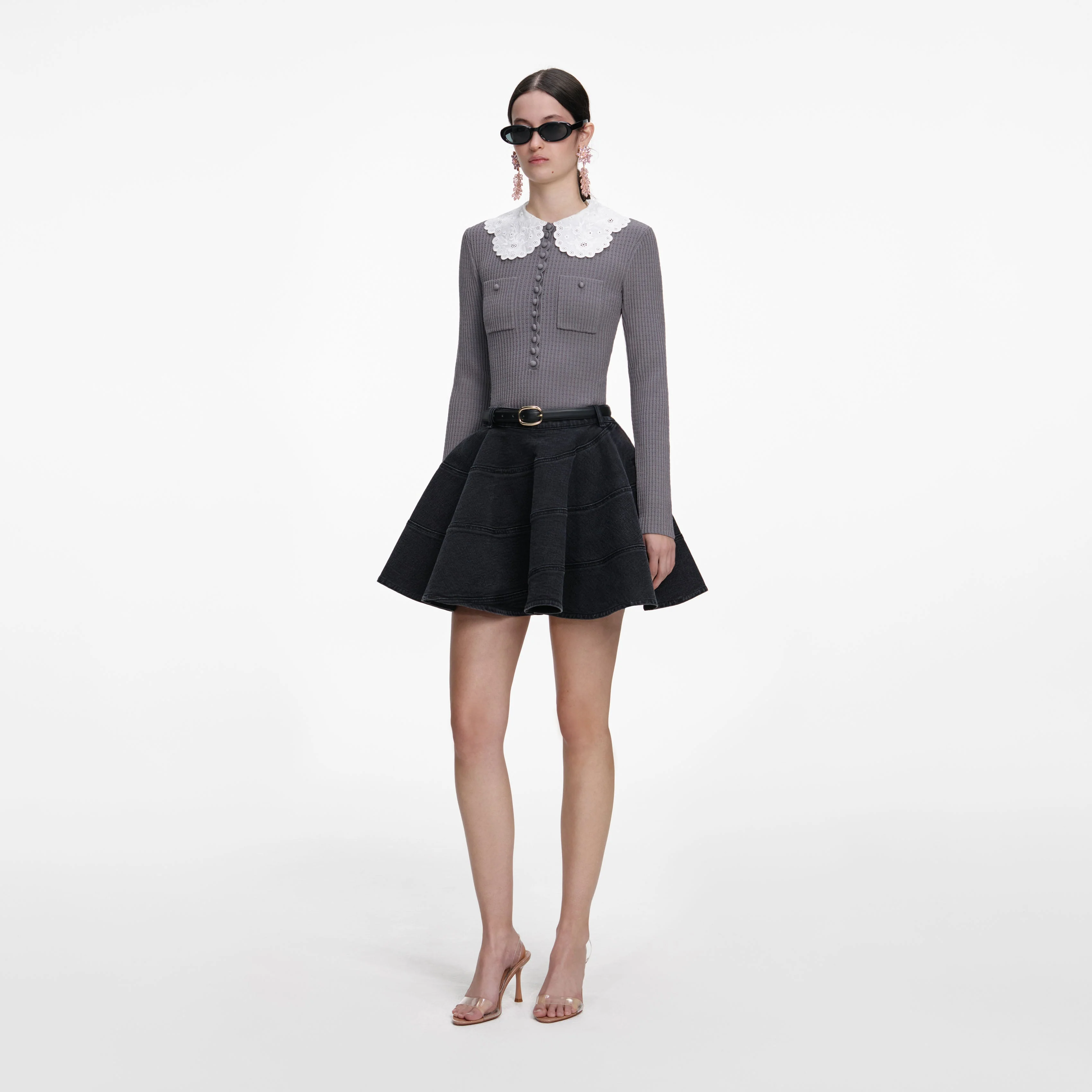 Grey Lace Collar Knit Top - Image 2