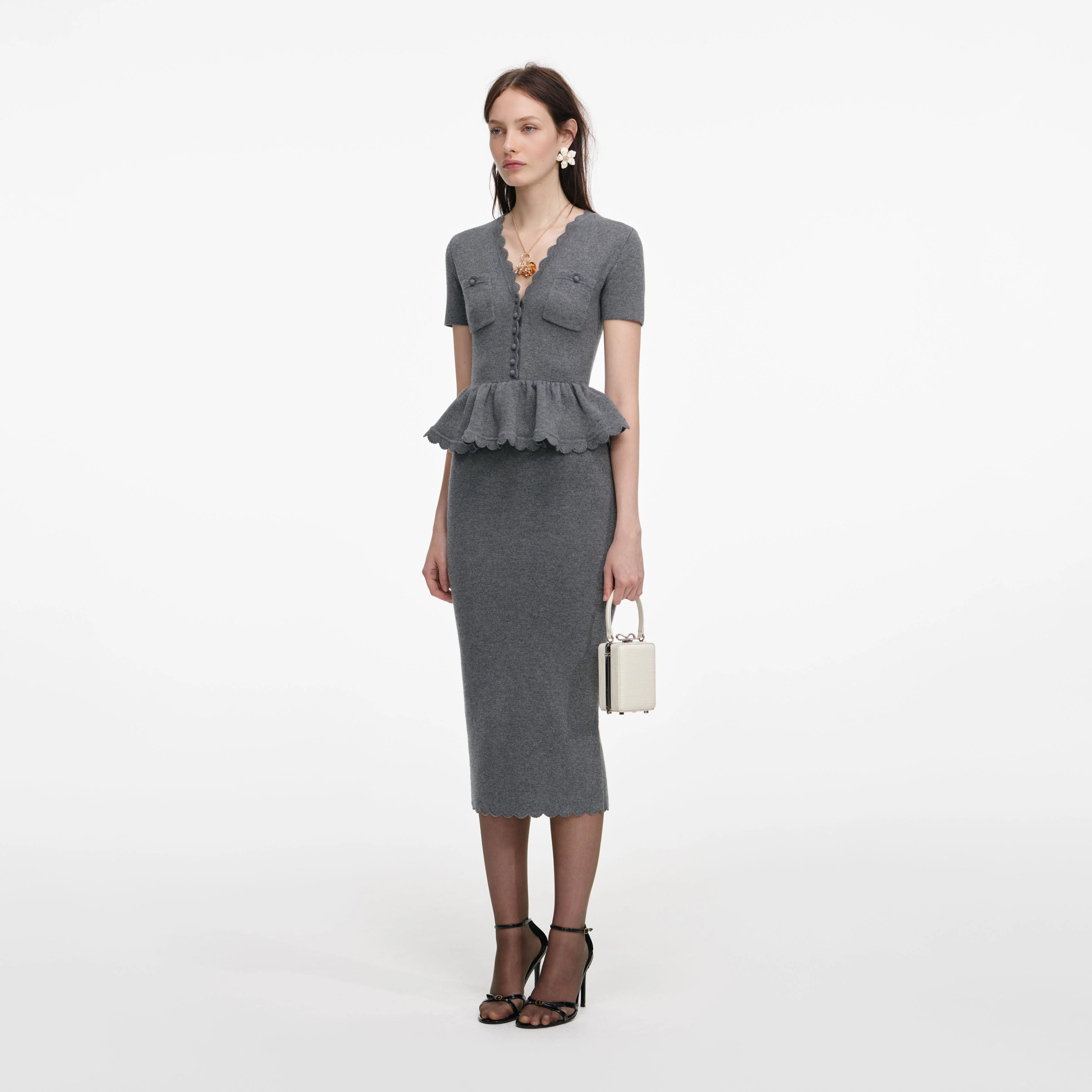 Grey Peplum Knit Midi Dress - Image 2