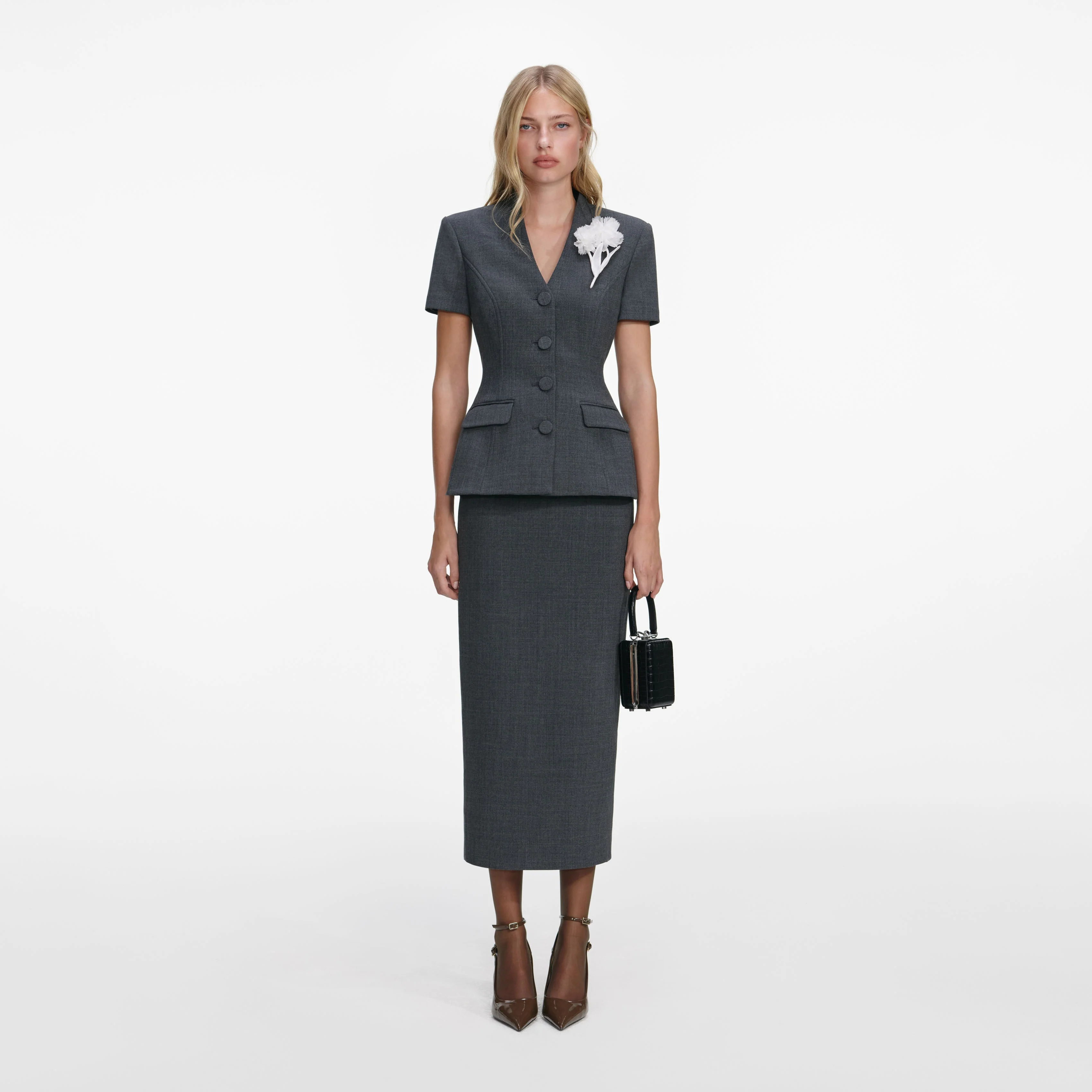 Grey Tailored Flower Detail Midi Dress