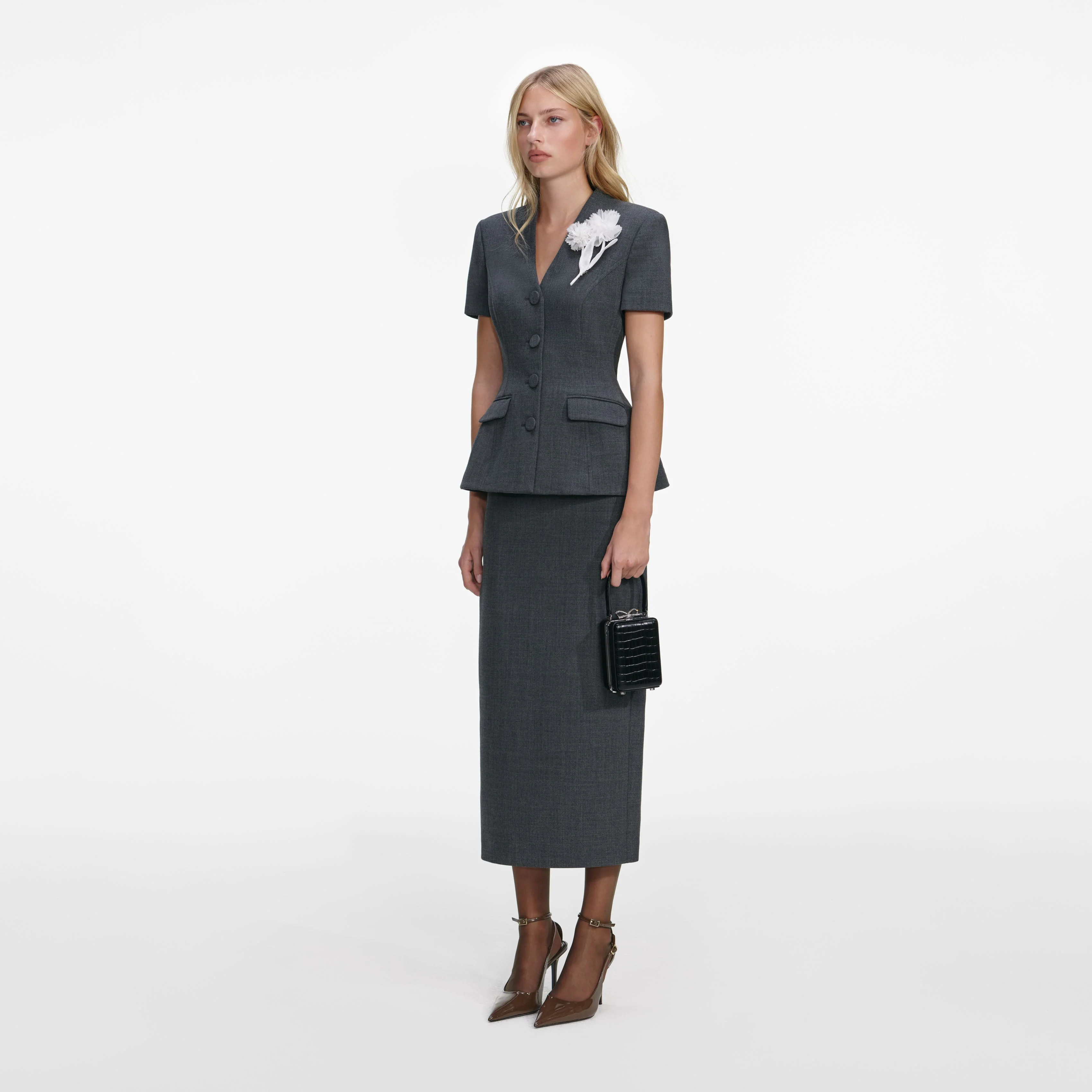 Grey Tailored Flower Detail Midi Dress - Image 2
