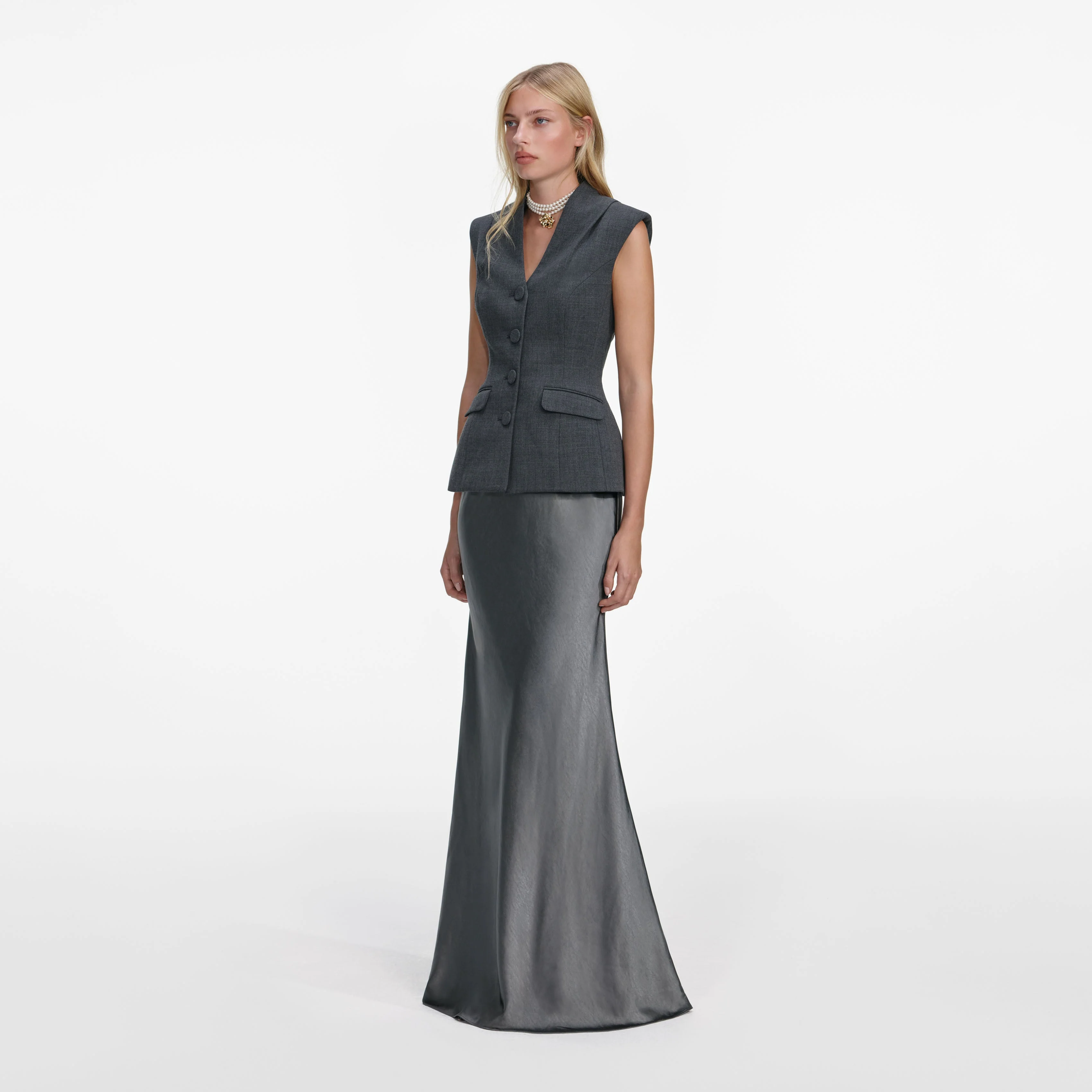Grey Tailored Satin Maxi Dress - Image 2