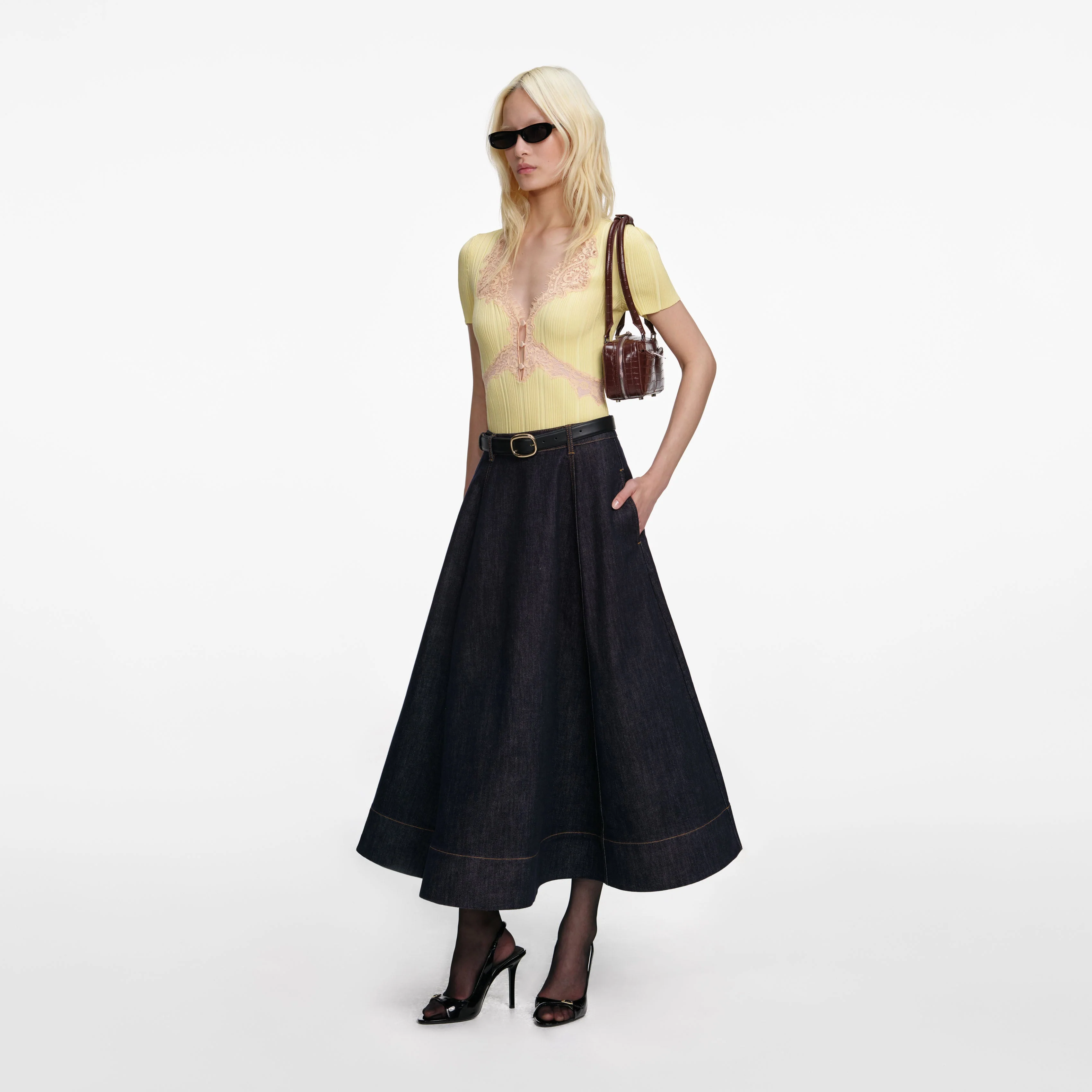 Indigo Denim Flared Midi Skirt - Image 2