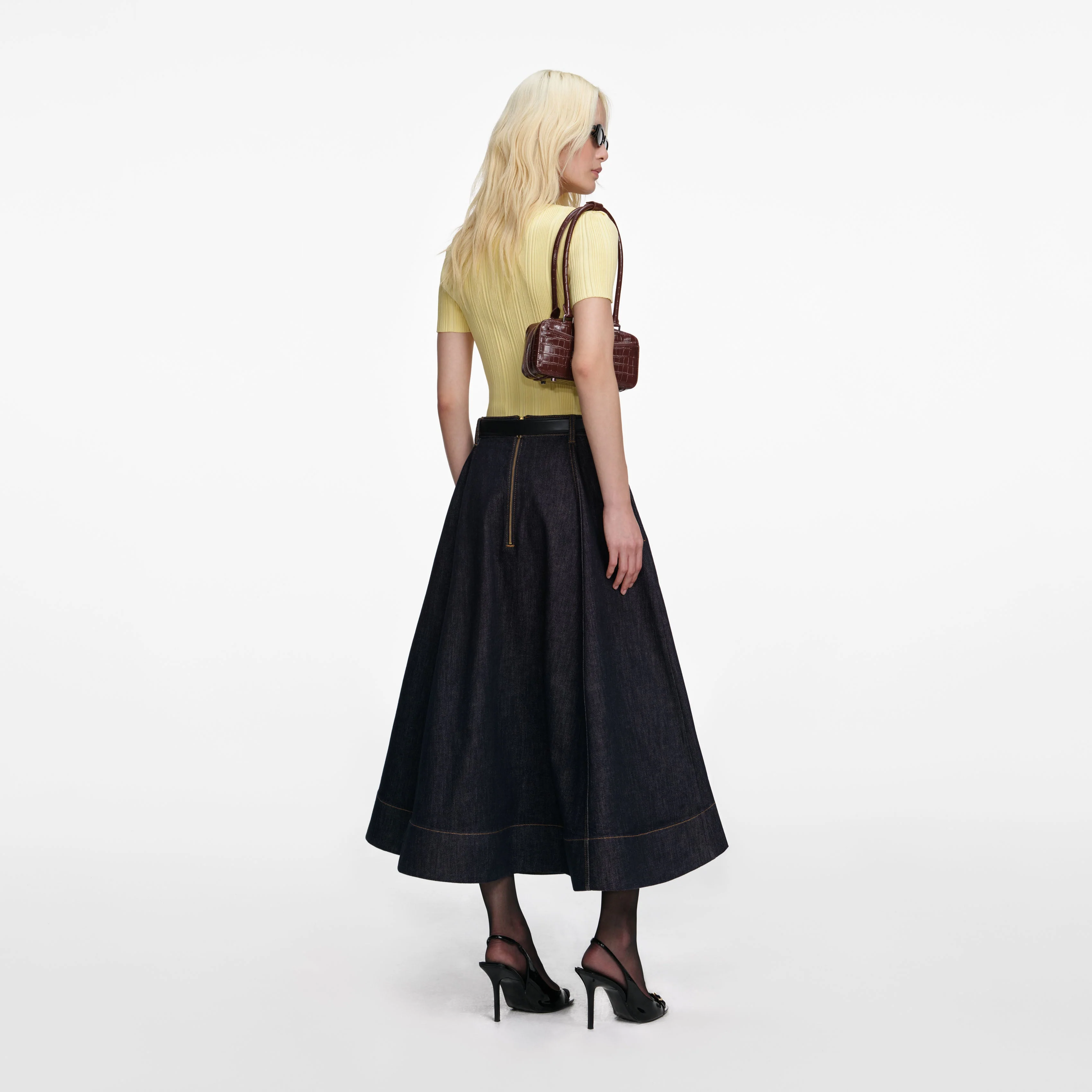 Indigo Denim Flared Midi Skirt - Image 3