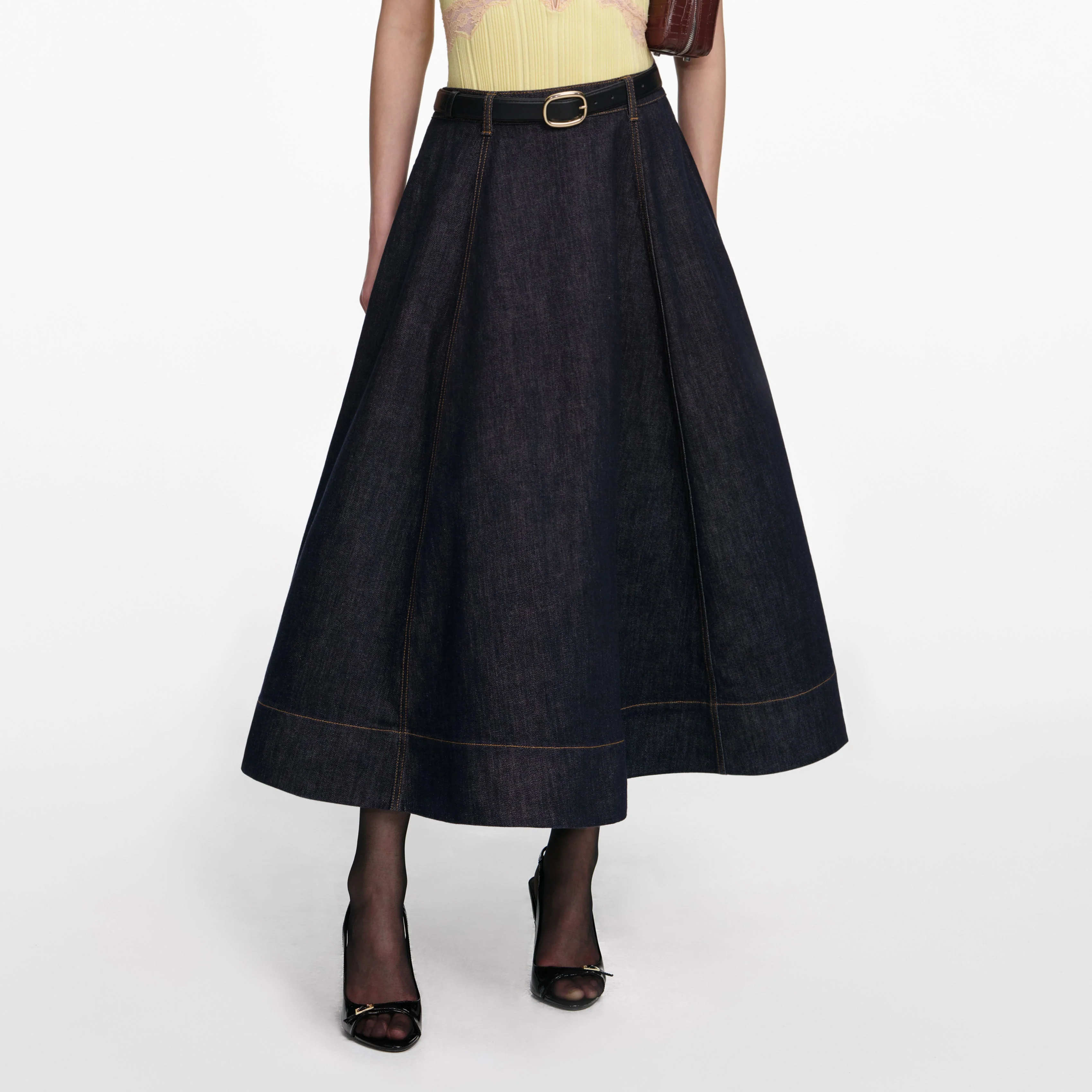 Indigo Denim Flared Midi Skirt - Image 4