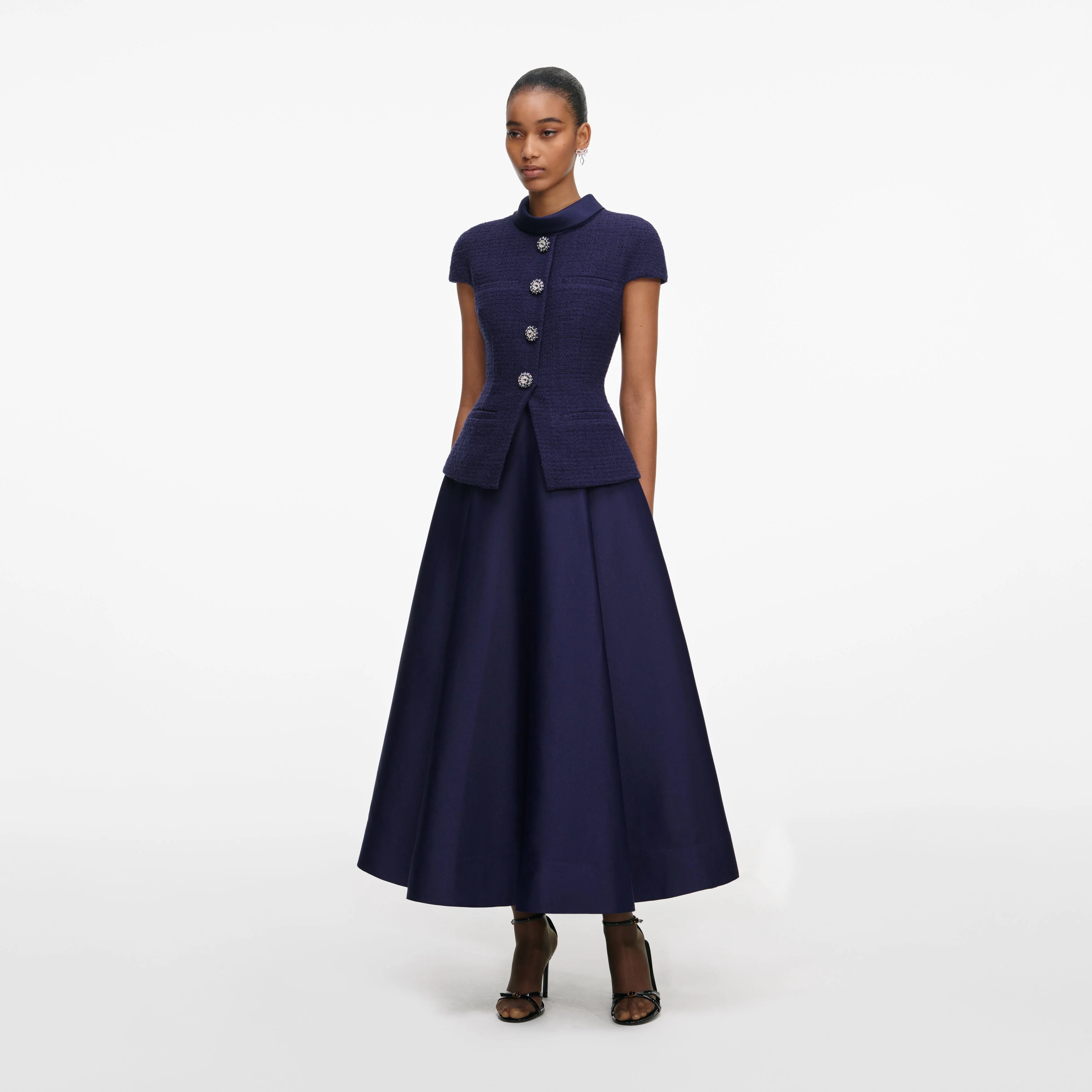Navy Boucle Taffeta Midi Dress - Image 2