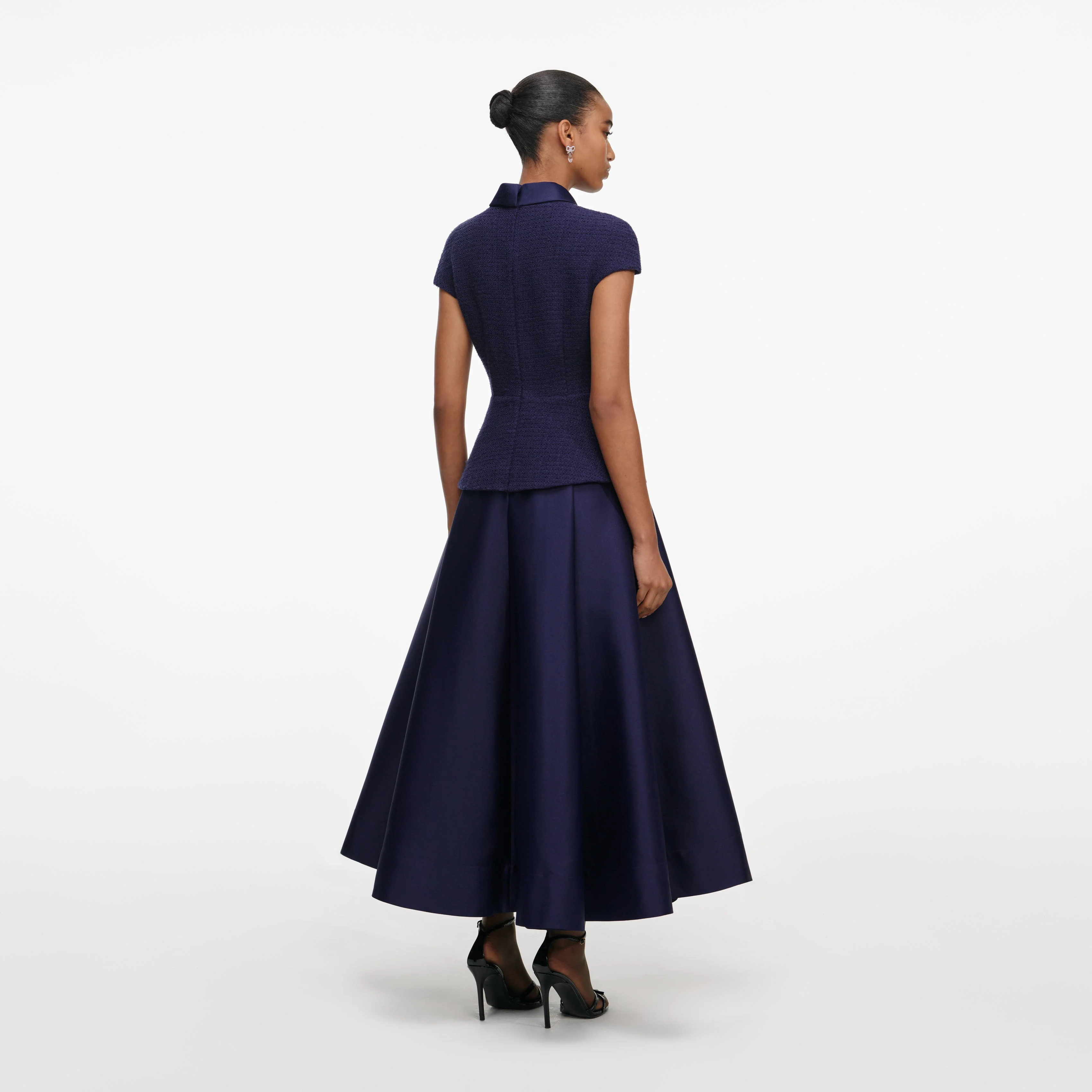 Navy Boucle Taffeta Midi Dress - Image 3