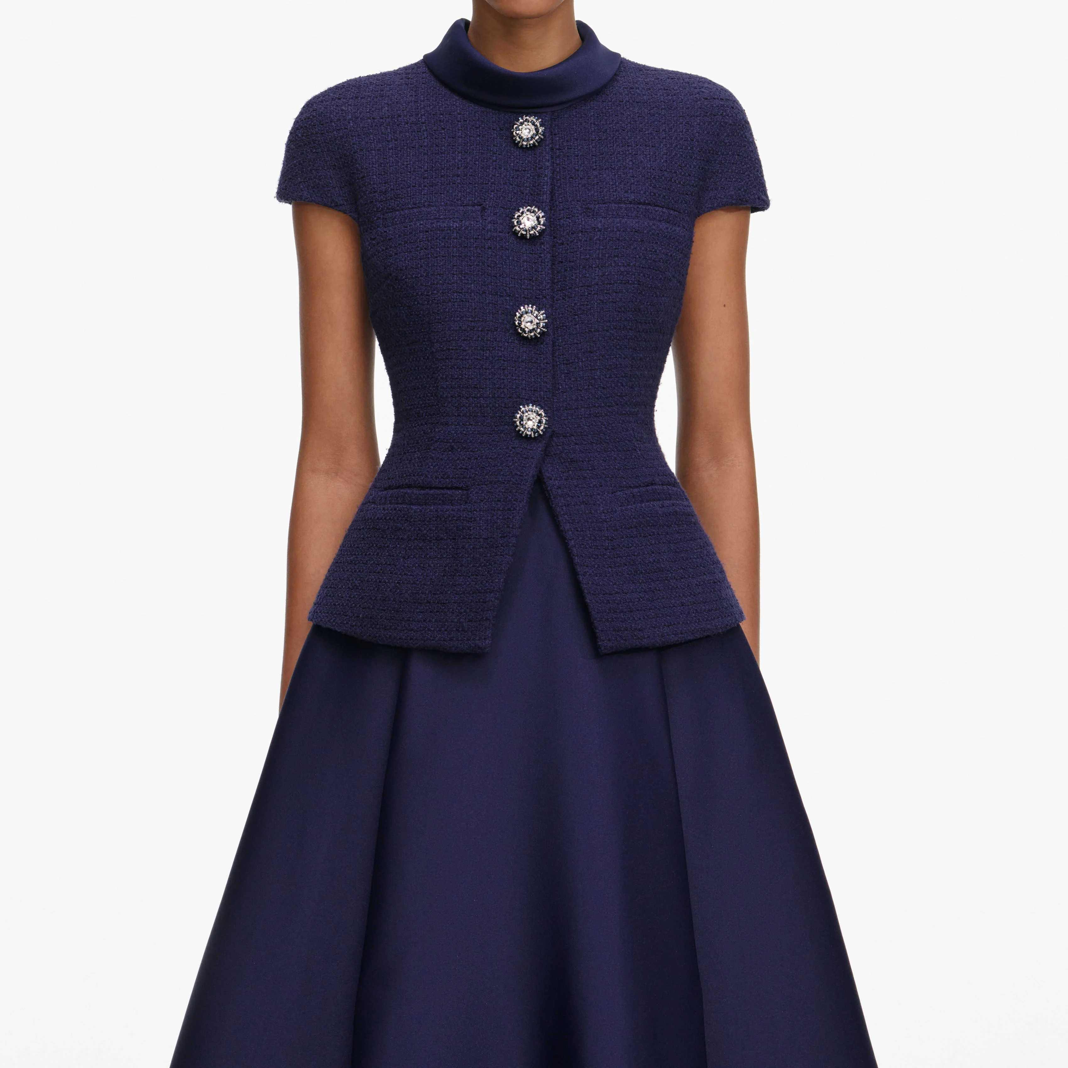 Navy Boucle Taffeta Midi Dress - Image 4