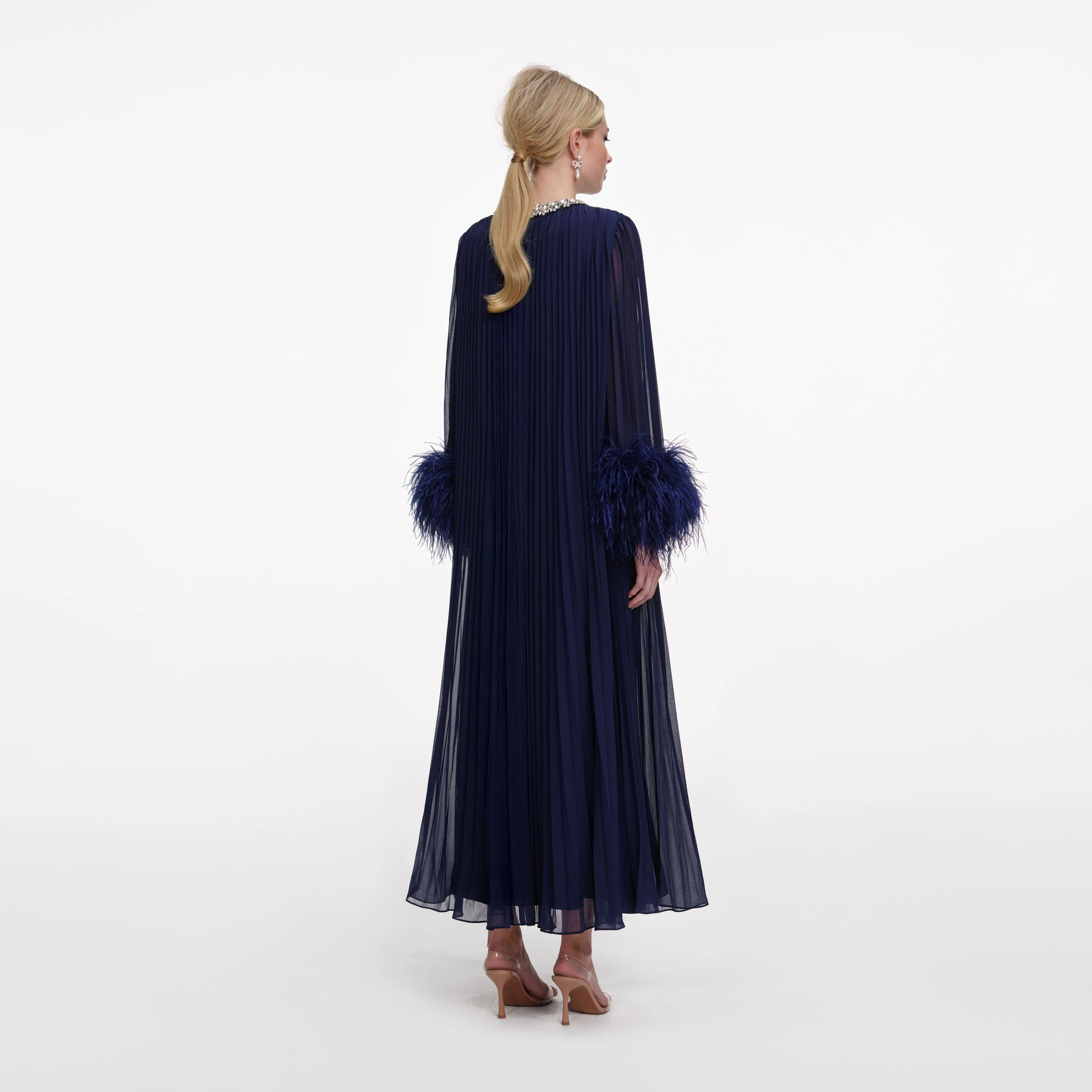 Navy Chiffon Feather Midi Dress - Image 3