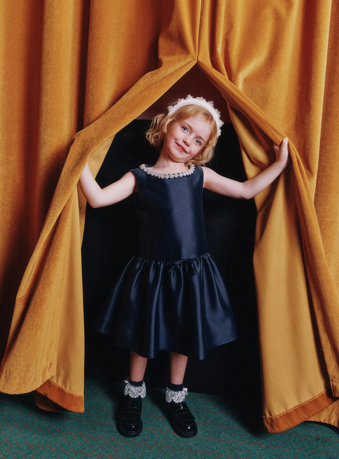 Navy Flower Scallop Taffeta Dress - Image 3