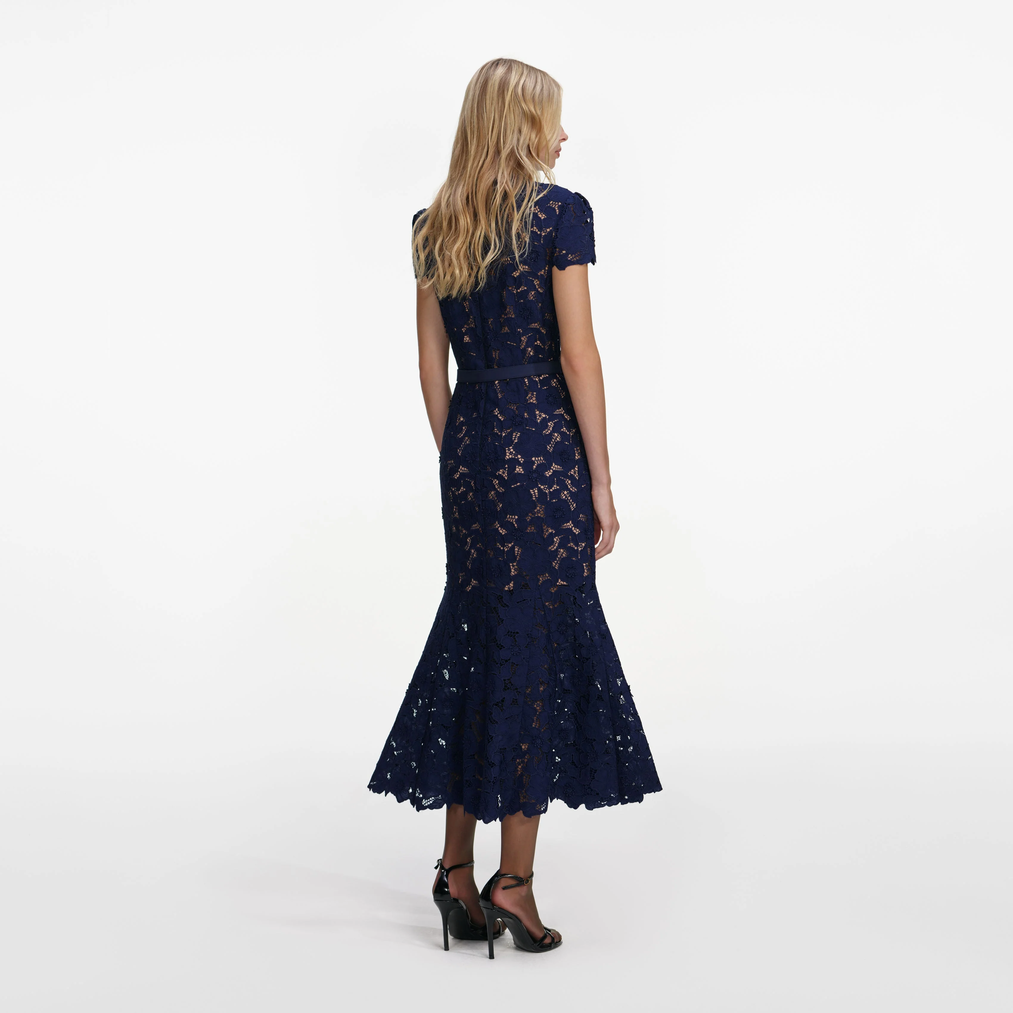 Navy Guipure Lace Midi Dress - Image 3
