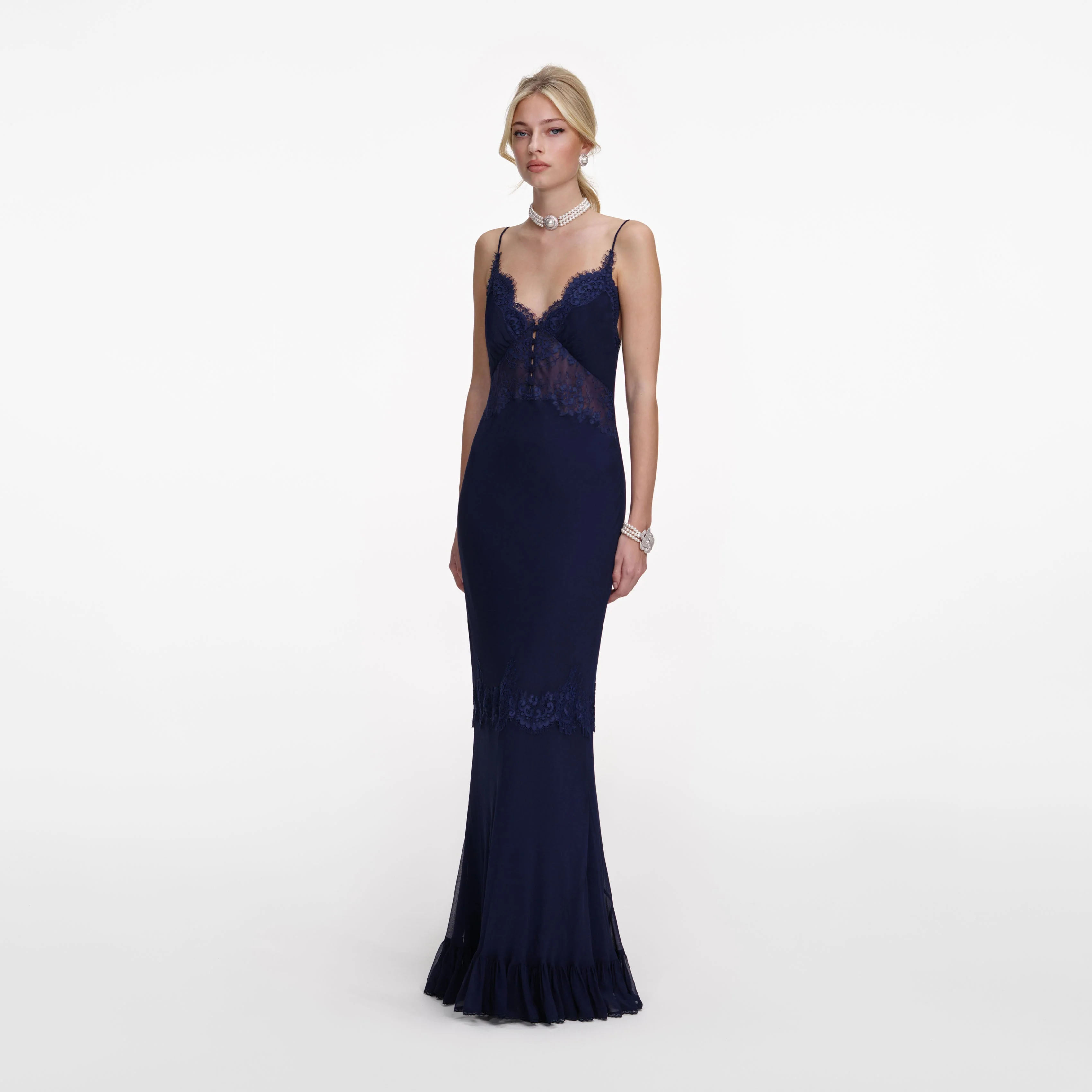 Navy Lace Georgette Maxi Dress - Image 2