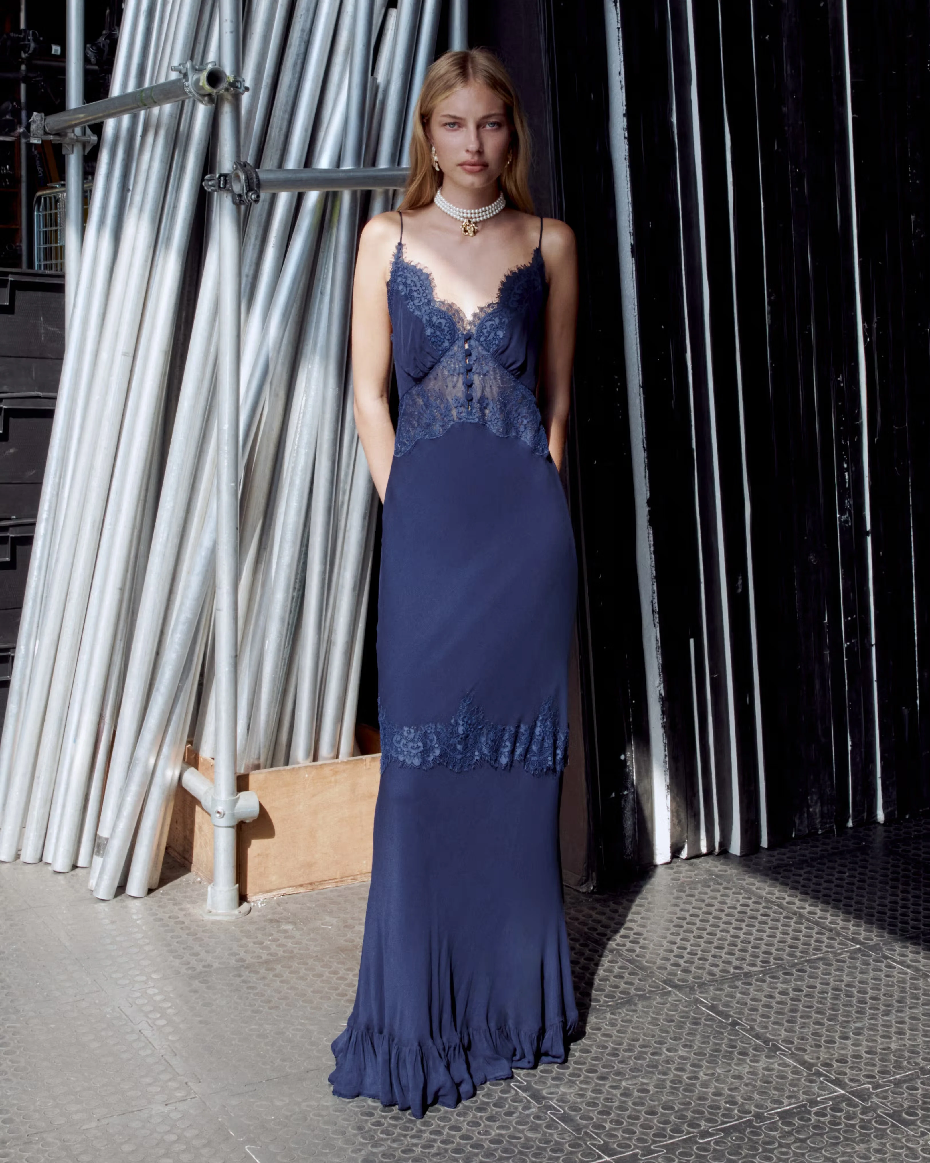 Navy Lace Georgette Maxi Dress - Image 6
