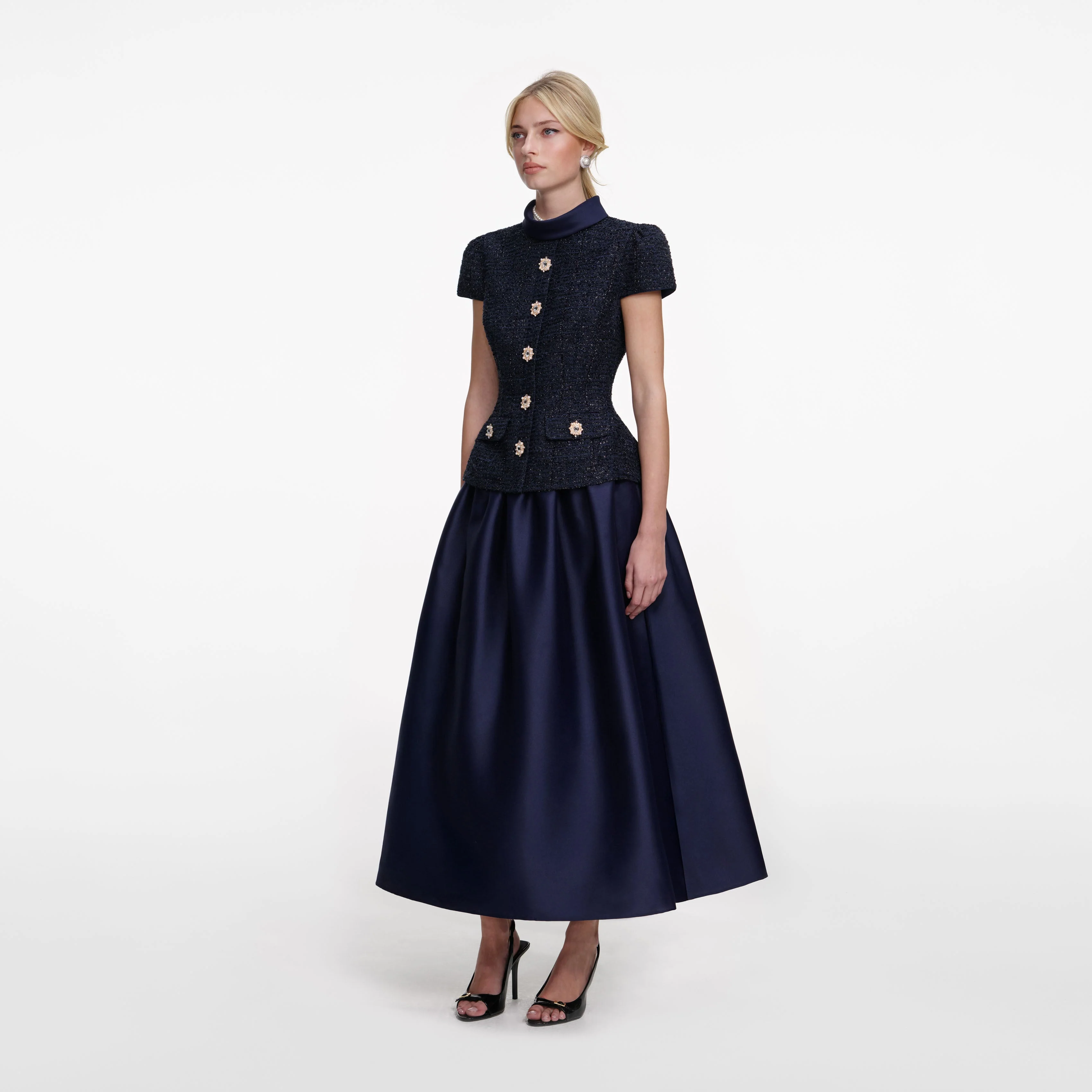 Navy Metallic Boucle Taffeta Midi Dress - Image 2