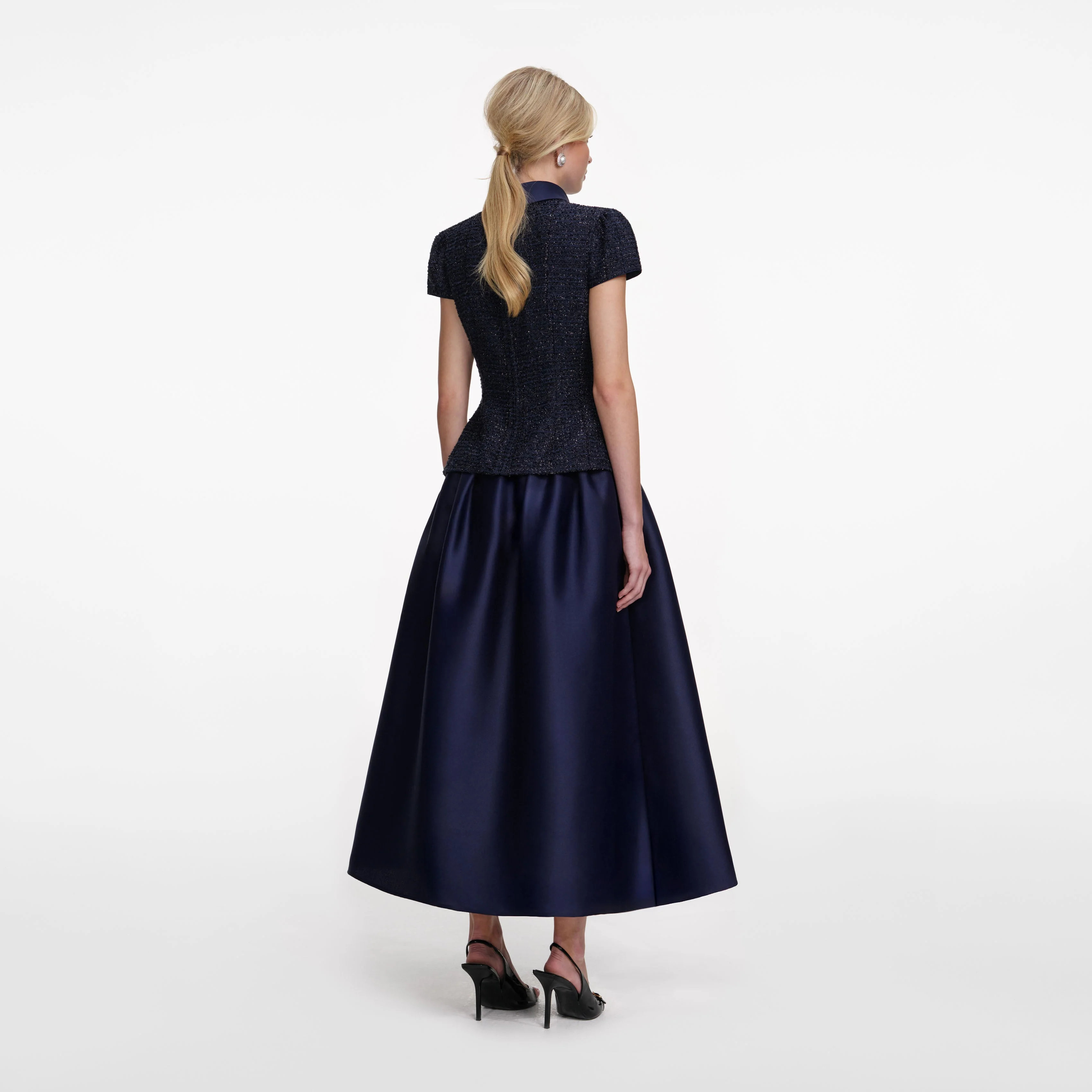 Navy Metallic Boucle Taffeta Midi Dress - Image 3