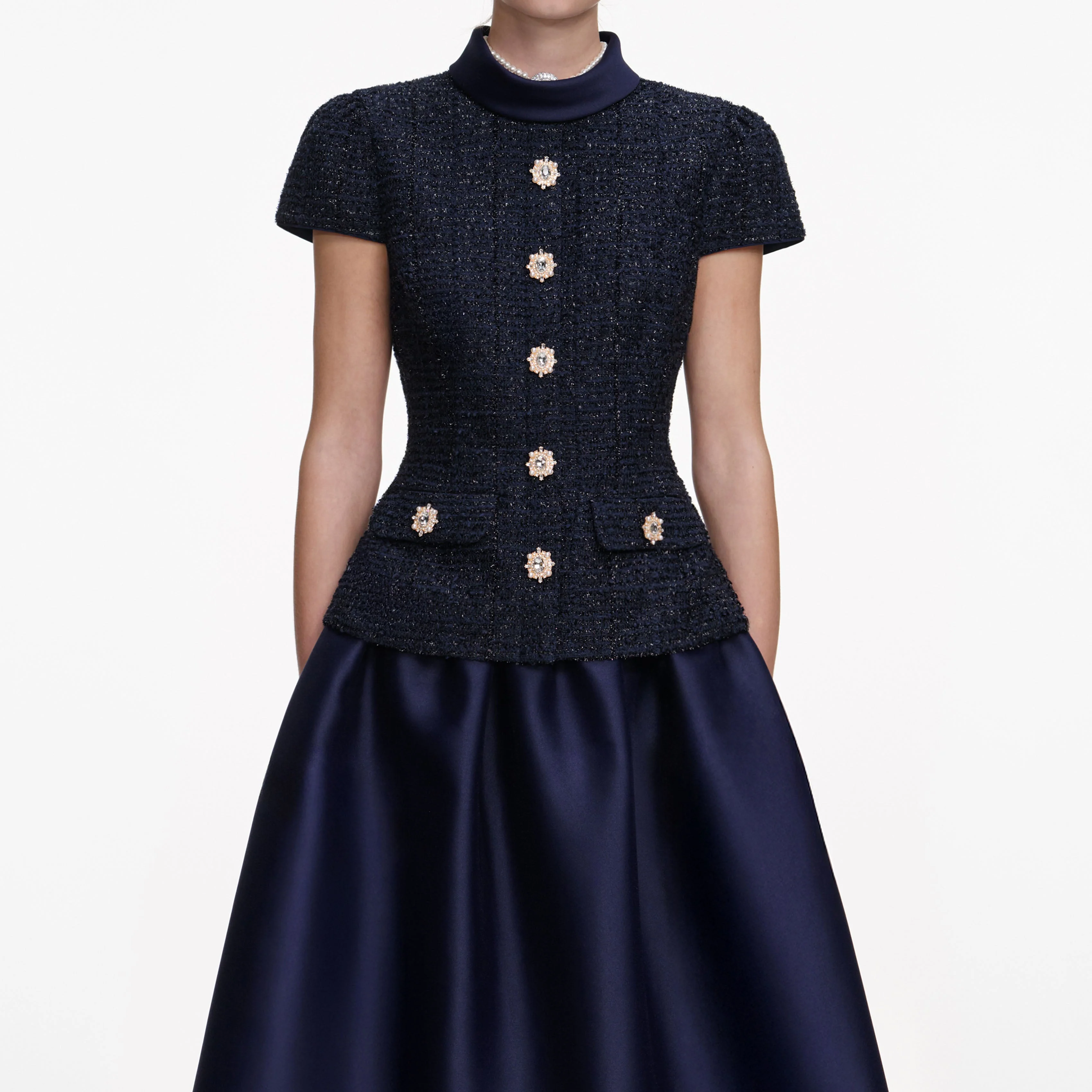 Navy Metallic Boucle Taffeta Midi Dress - Image 4