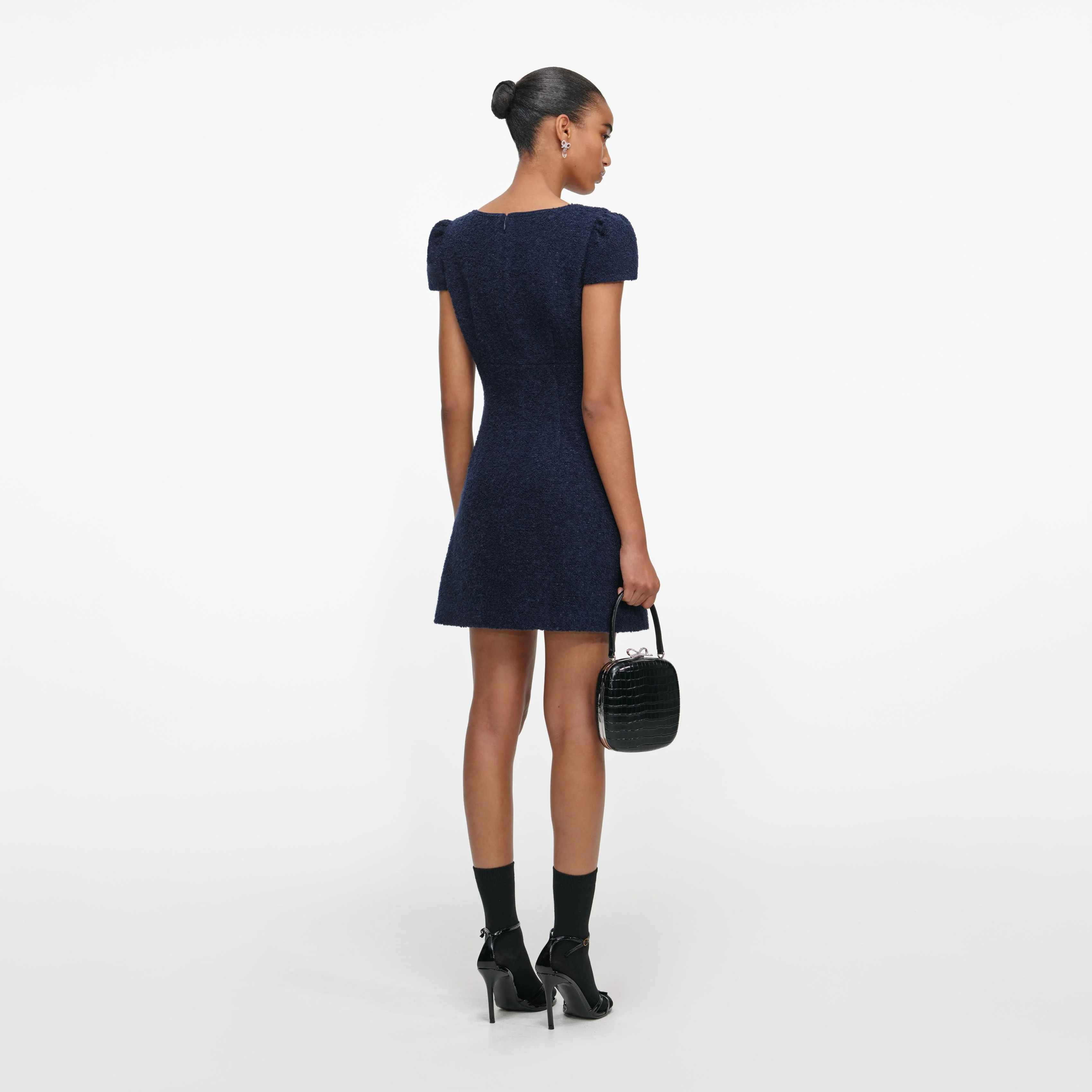 Navy Textured Boucle Mini Dress - Image 3