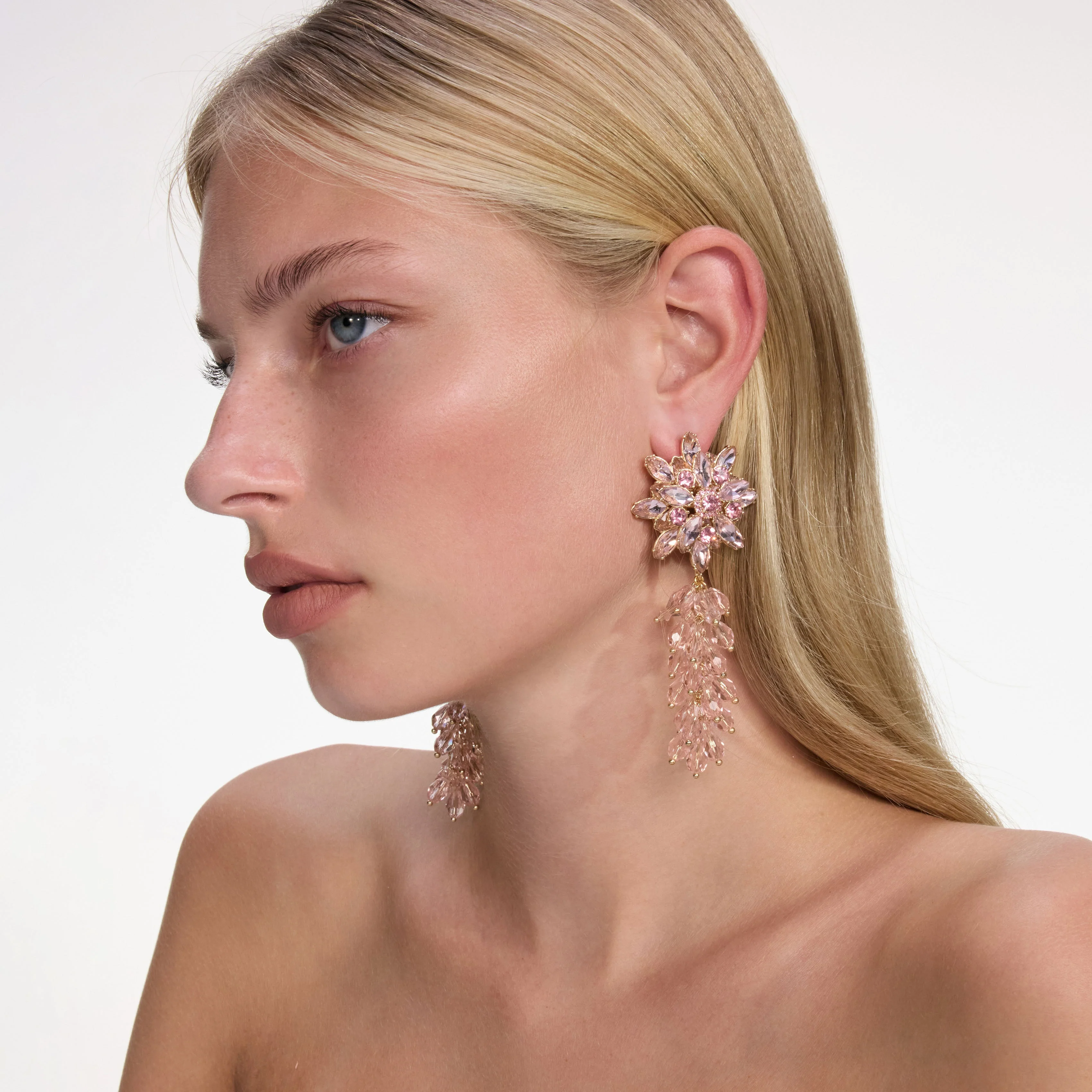 Pink Crystal Cluster Flower Earrings - Image 2