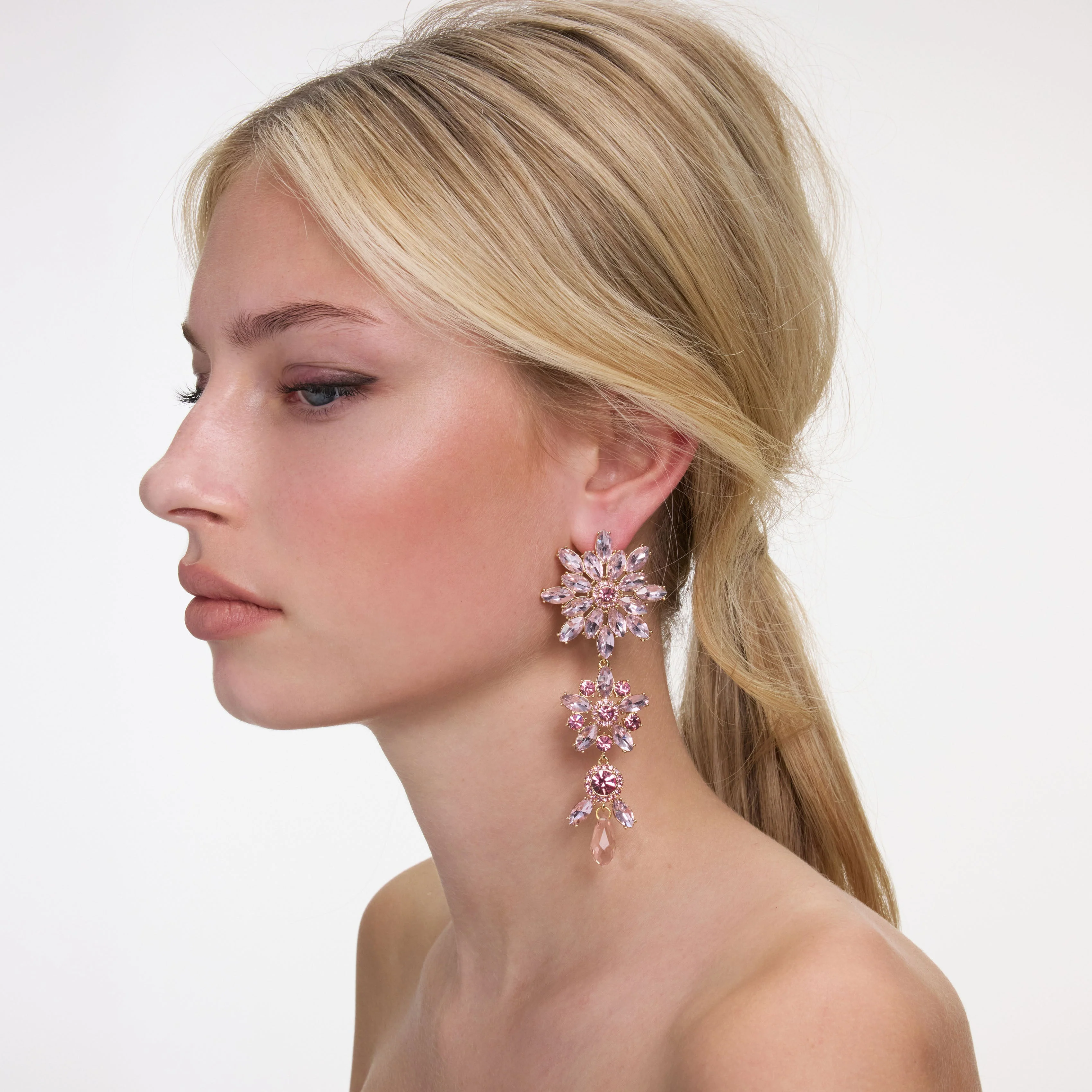 Pink Crystal Tiered Flower Earrings - Image 2