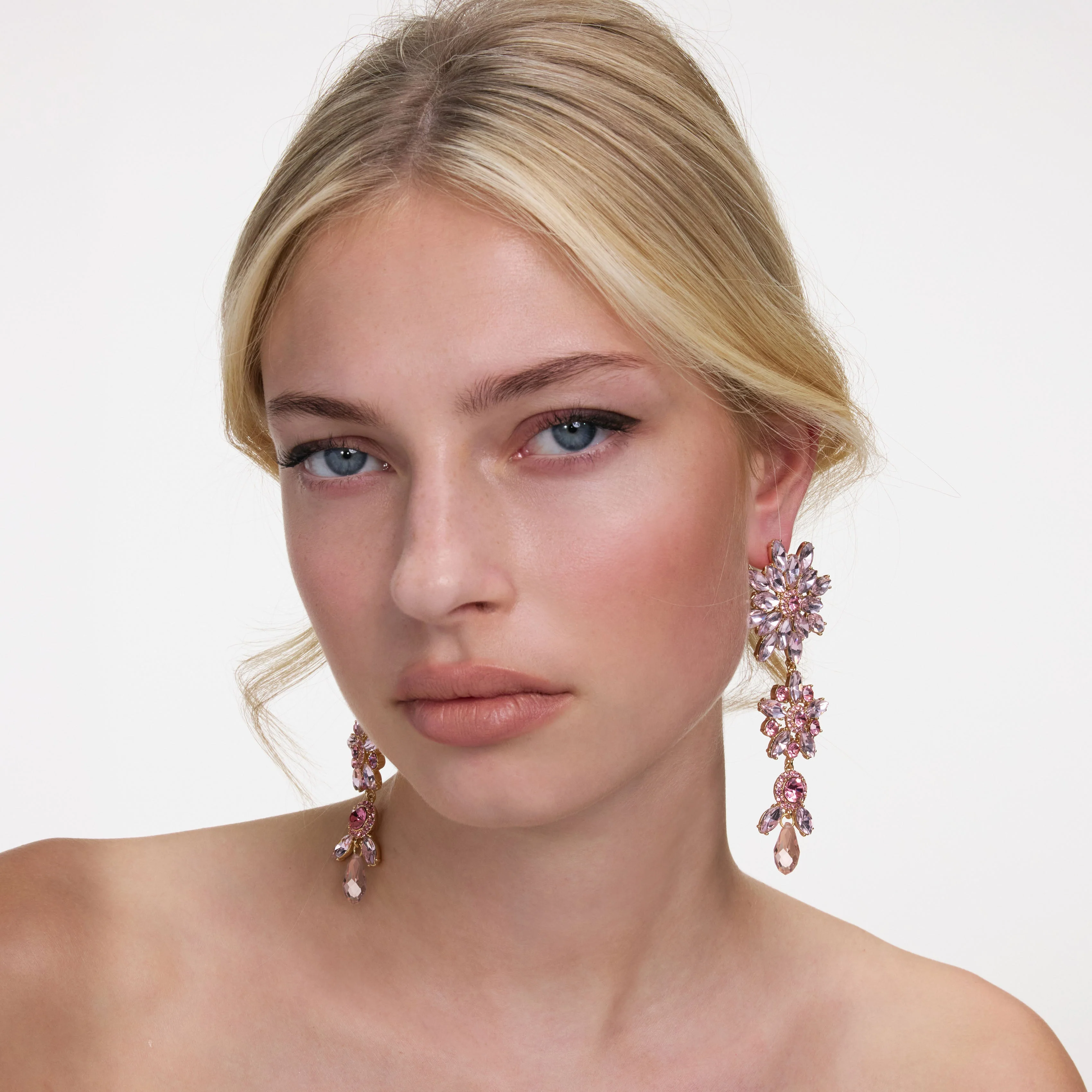 Pink Crystal Tiered Flower Earrings - Image 4