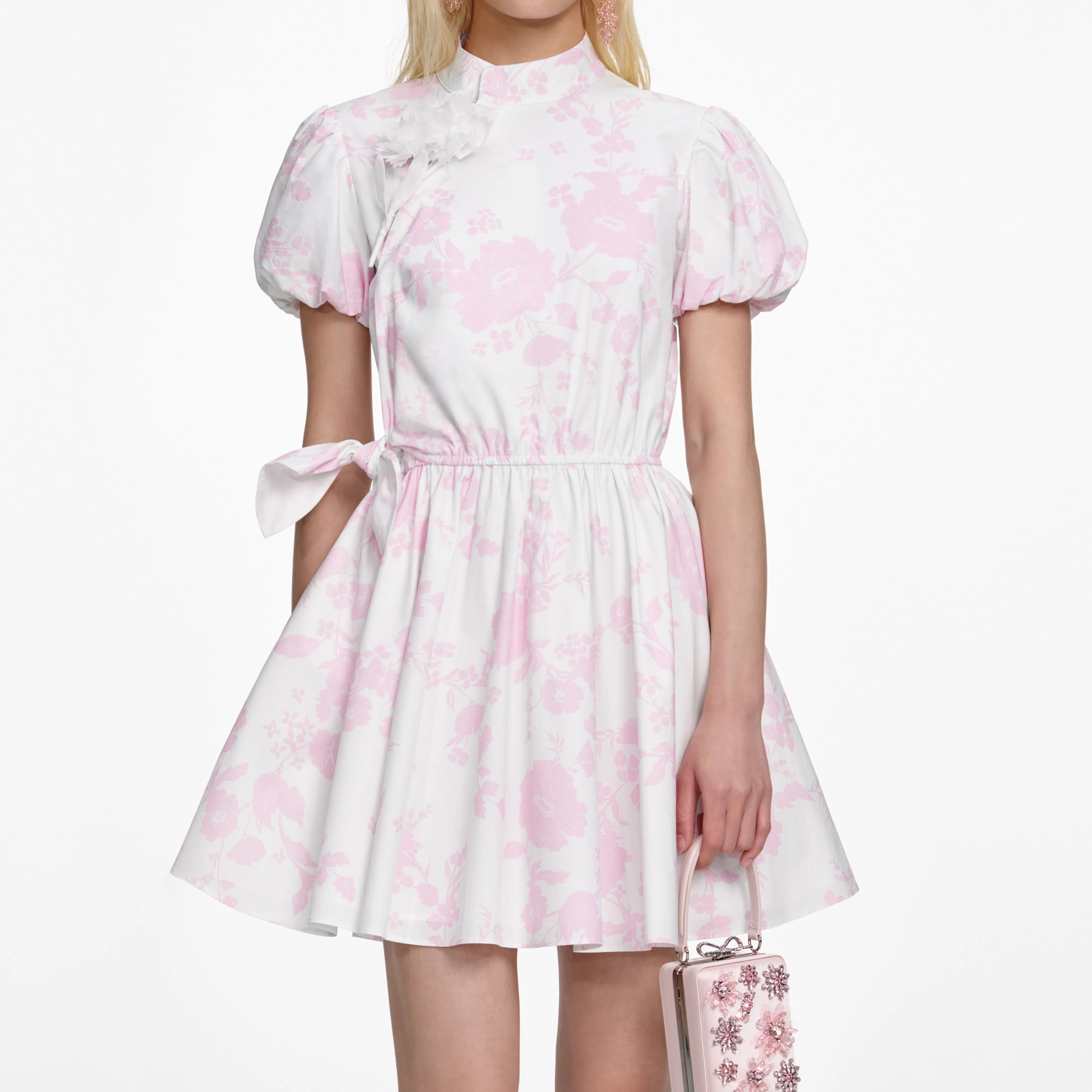 Pink Floral Cotton Drape Mini Dress - Image 4