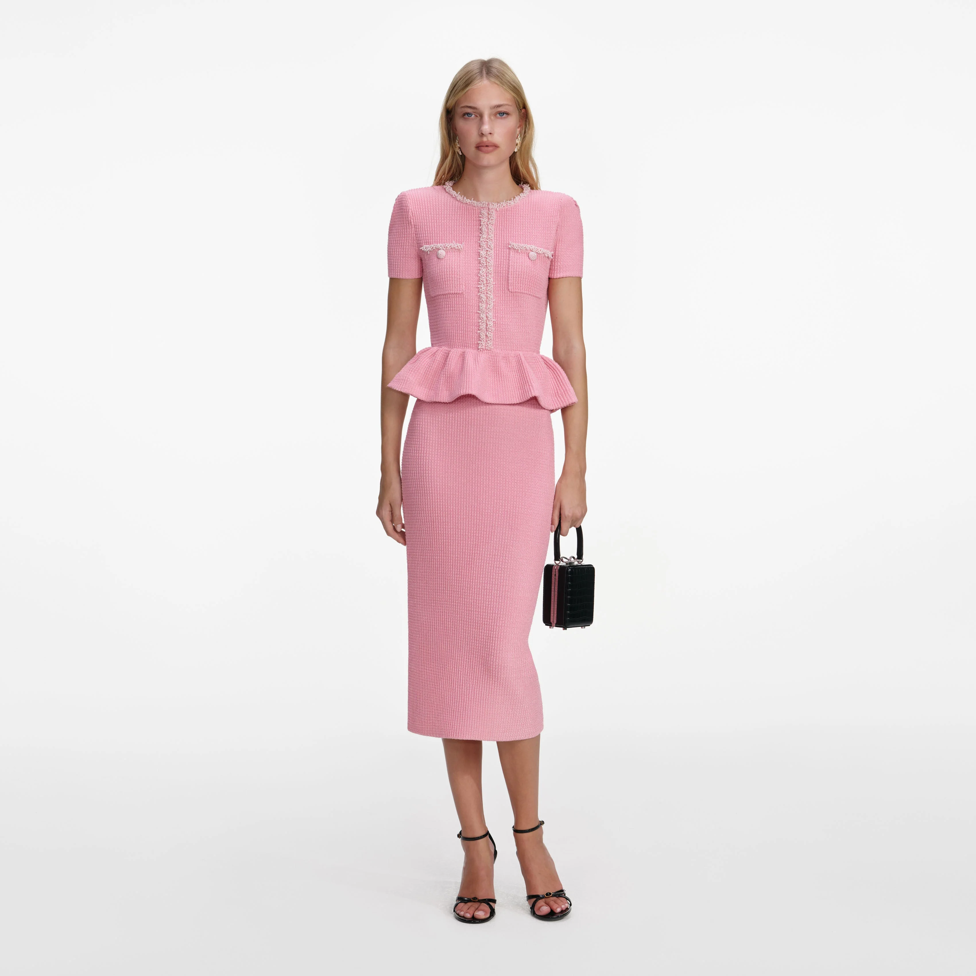 Pink Peplum Knit Midi Dress