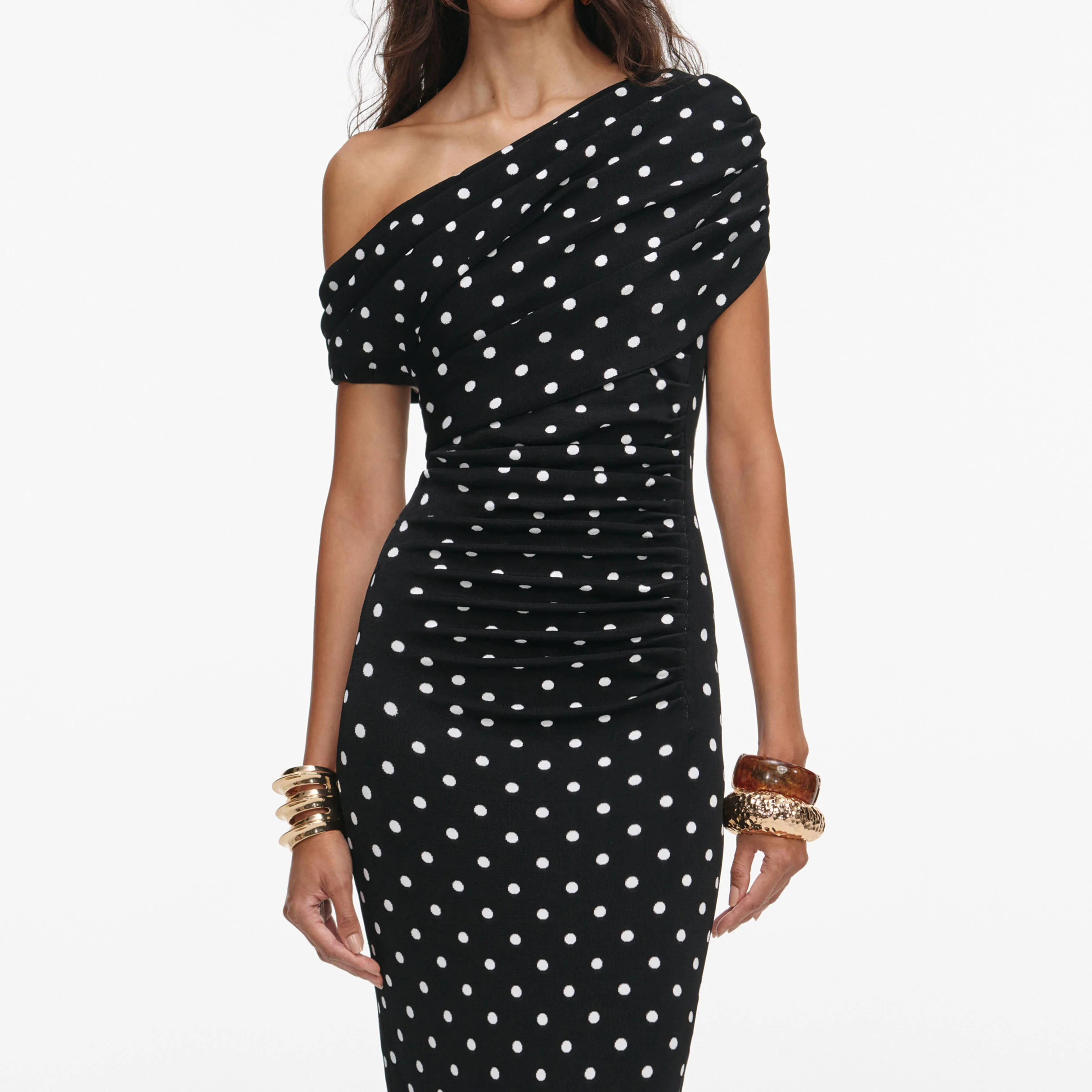 Polka Dot Draped Knit Midi Dress - Image 4