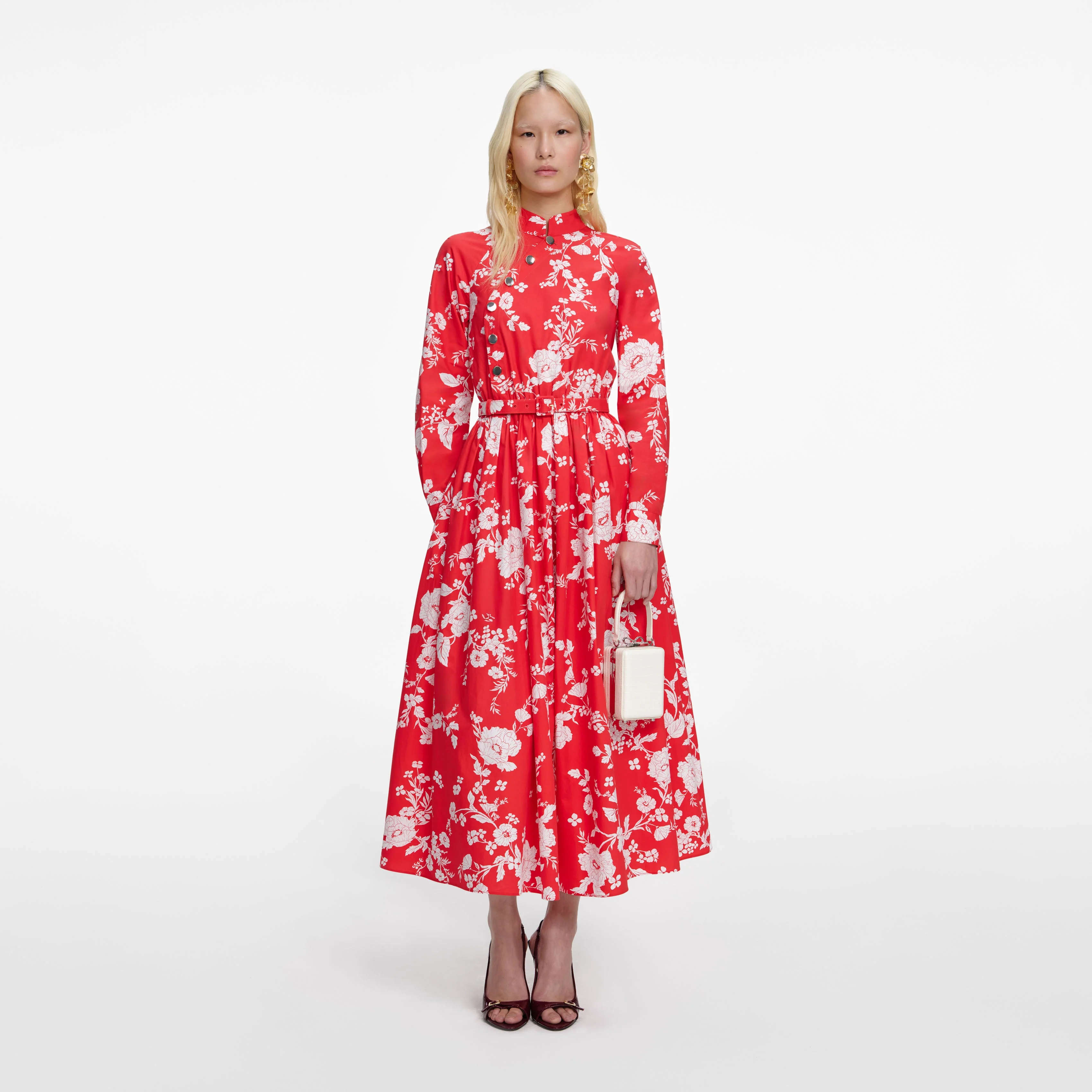 Red Floral Cotton Midi Dress